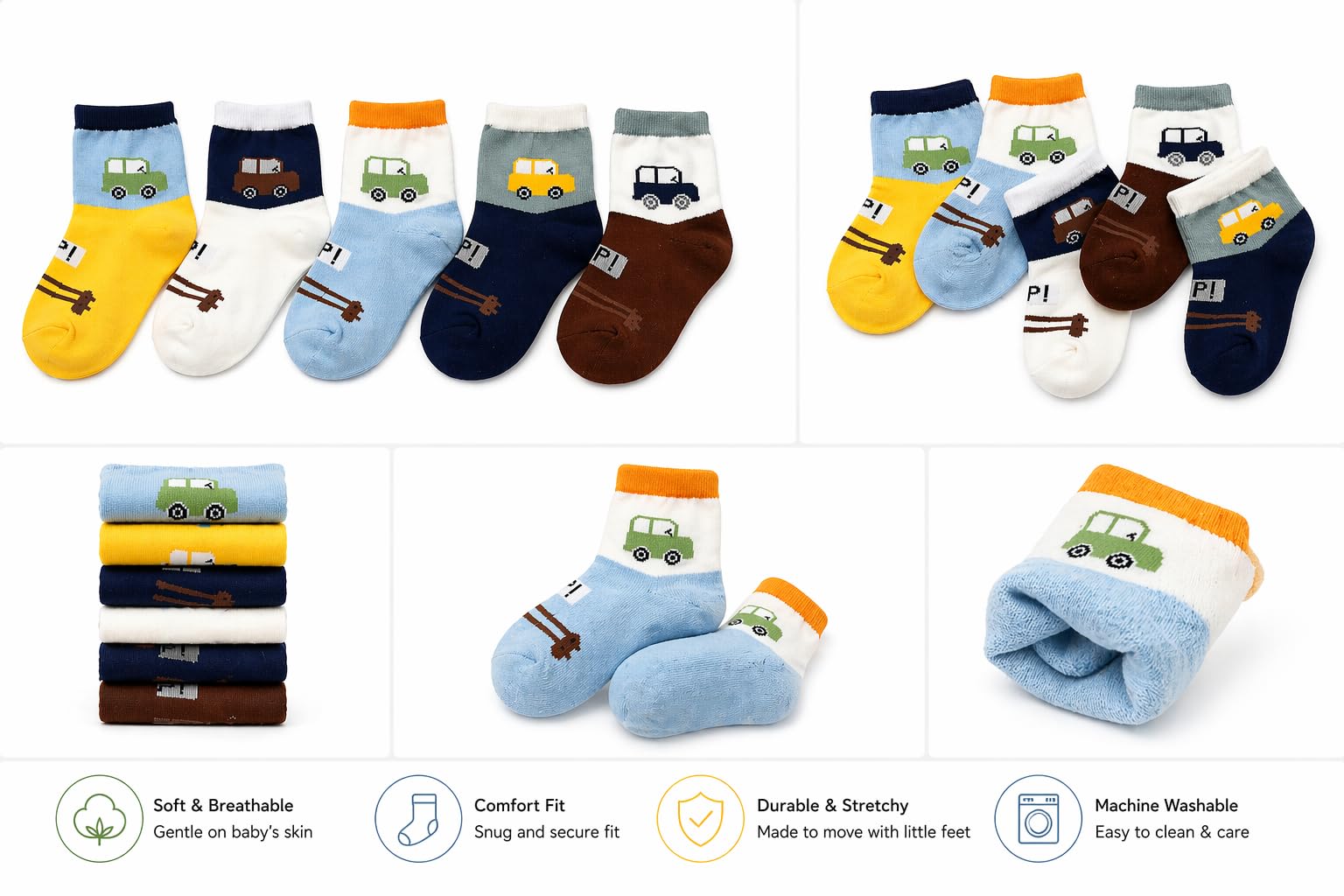 MAAGHI Cartoon Kids Socks | Soft Cotton Crew Socks for Boys & Girls | Breathable Stretch Stretchy Daily Wear |Comfortable Fit for School, Home & Outdoor(2-4 Years) (5, CAR-Socks) 4