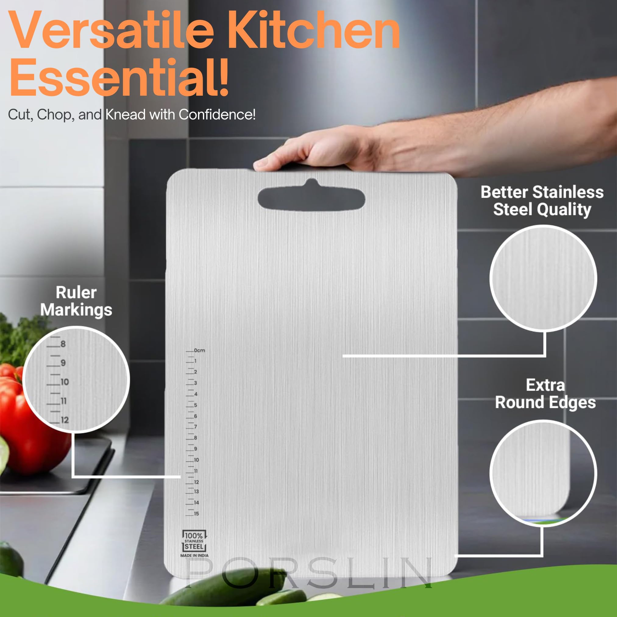 Porslin by Chef Stainless Steel Chopping Board, Chopping Board Steel Vegetable Cutting Board Steel for Kitchen Use, SS Chopper Board, Metal Cutter Board 31 X 21cm, Premium, Heavy Duty 4