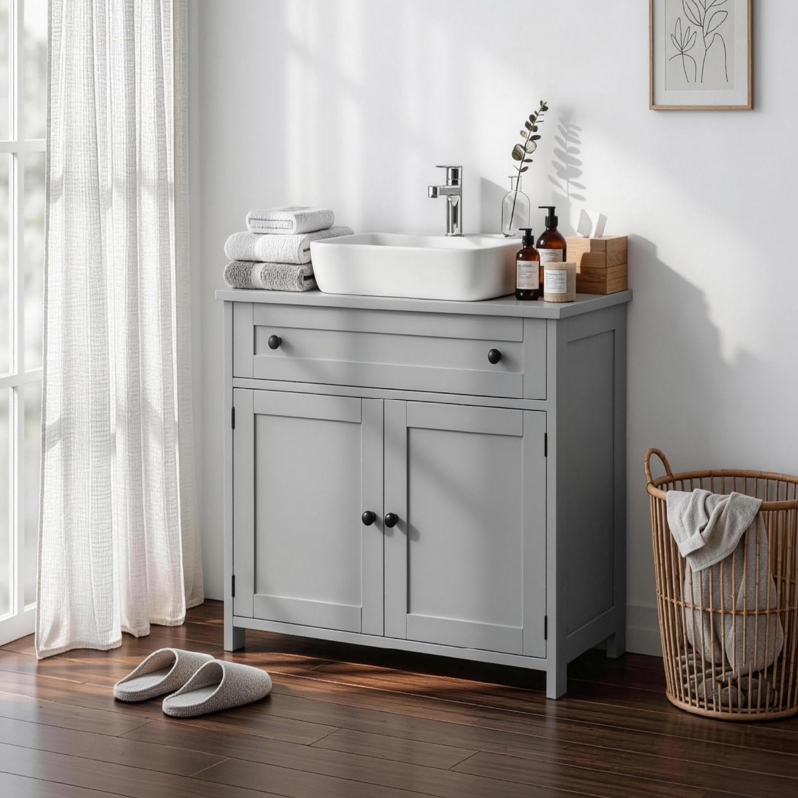Bonnlo Grey Under Sink Bathroom Cabinet - 60cm Bathroom Sink Cabinet with Drawer & 2 Doors, Under Sink Storage Unit for Bathroom