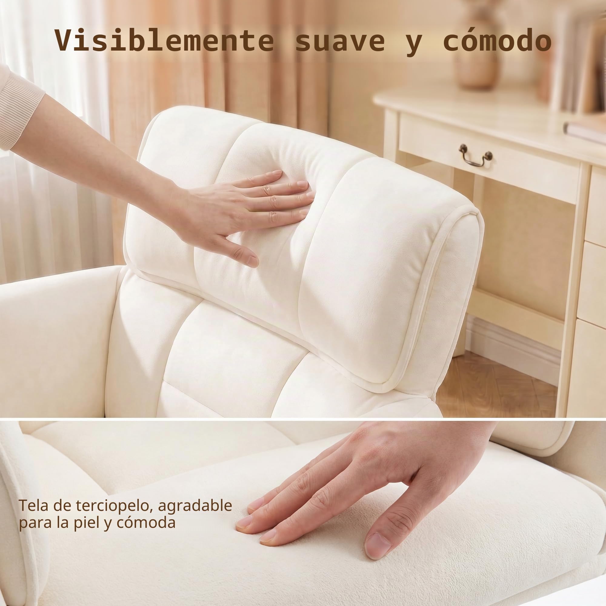 Silla de Escritorio con Ruedas, Silla de tocador Terciopelo, Altura Regulable e inclinable, Adecuada para Oficina, habitación y Estudio, Familiar, soporta hasta 150kg, Blanc