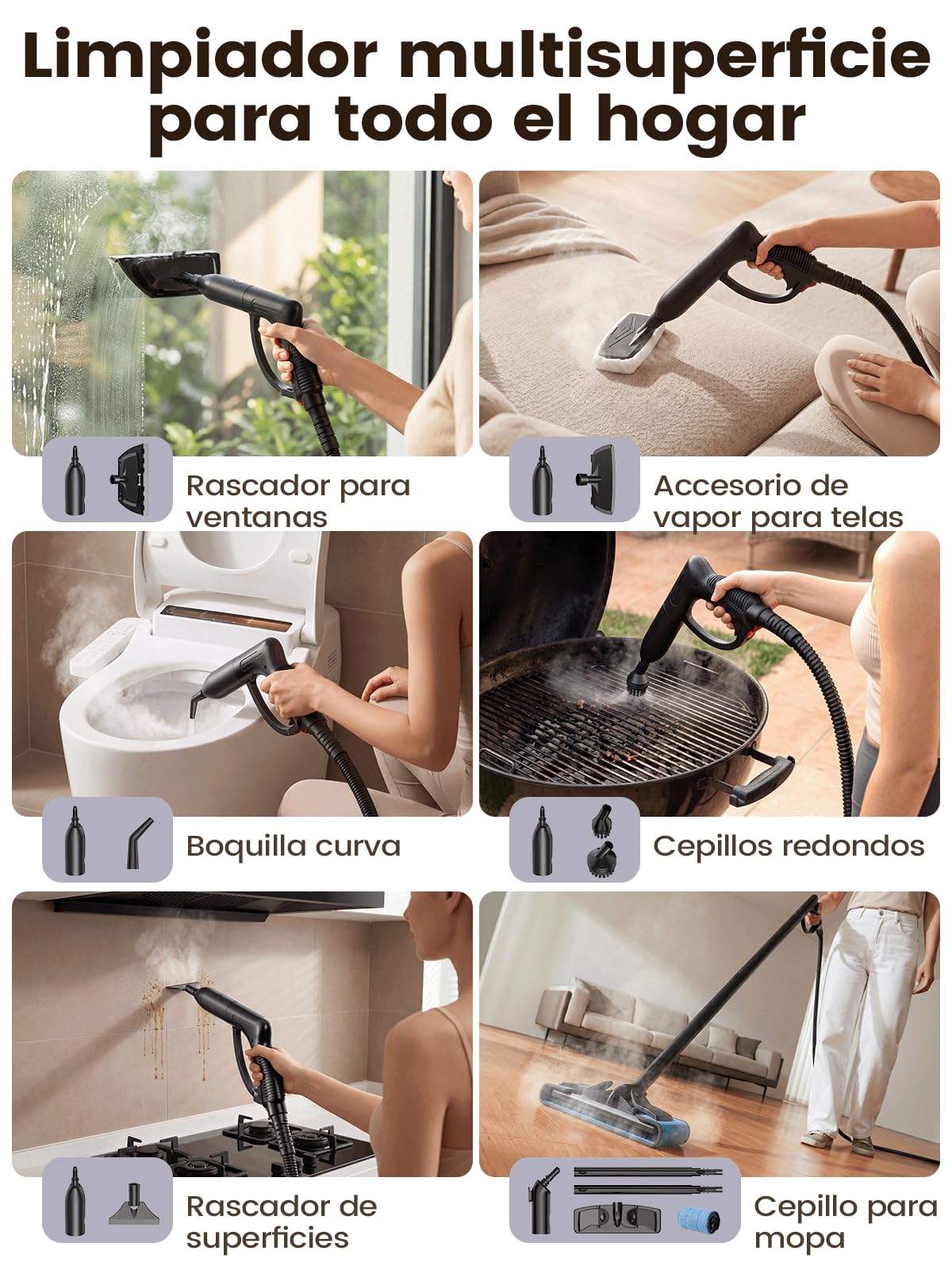 Limpiador de Vapor Portátil 2000W, 16 Accesorios, Blanco perla | Depósito 2L, 135°C Alta Temperatura, 60 Min de Vapor, Alcance 5,3 m, Para Hogar, Juntas, Sofá, Baño y Coche