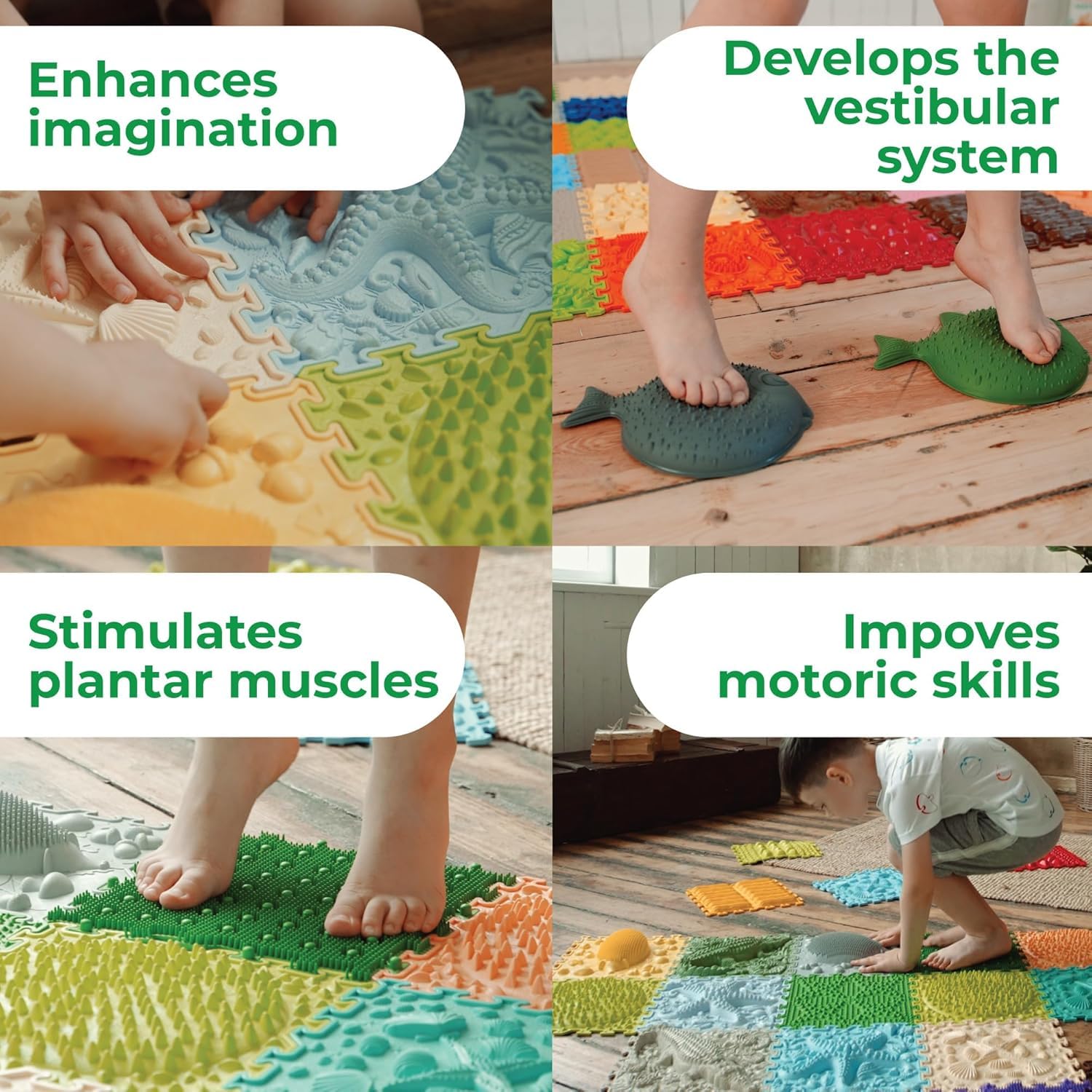 ORTO NATURE Tapis De Jeu Sensoriel 16 Carreaux – Puzzle Orthopédique Texturé – Sans BPA – Pour Enfants Et Adultes (Intérieur/Extérieur)
