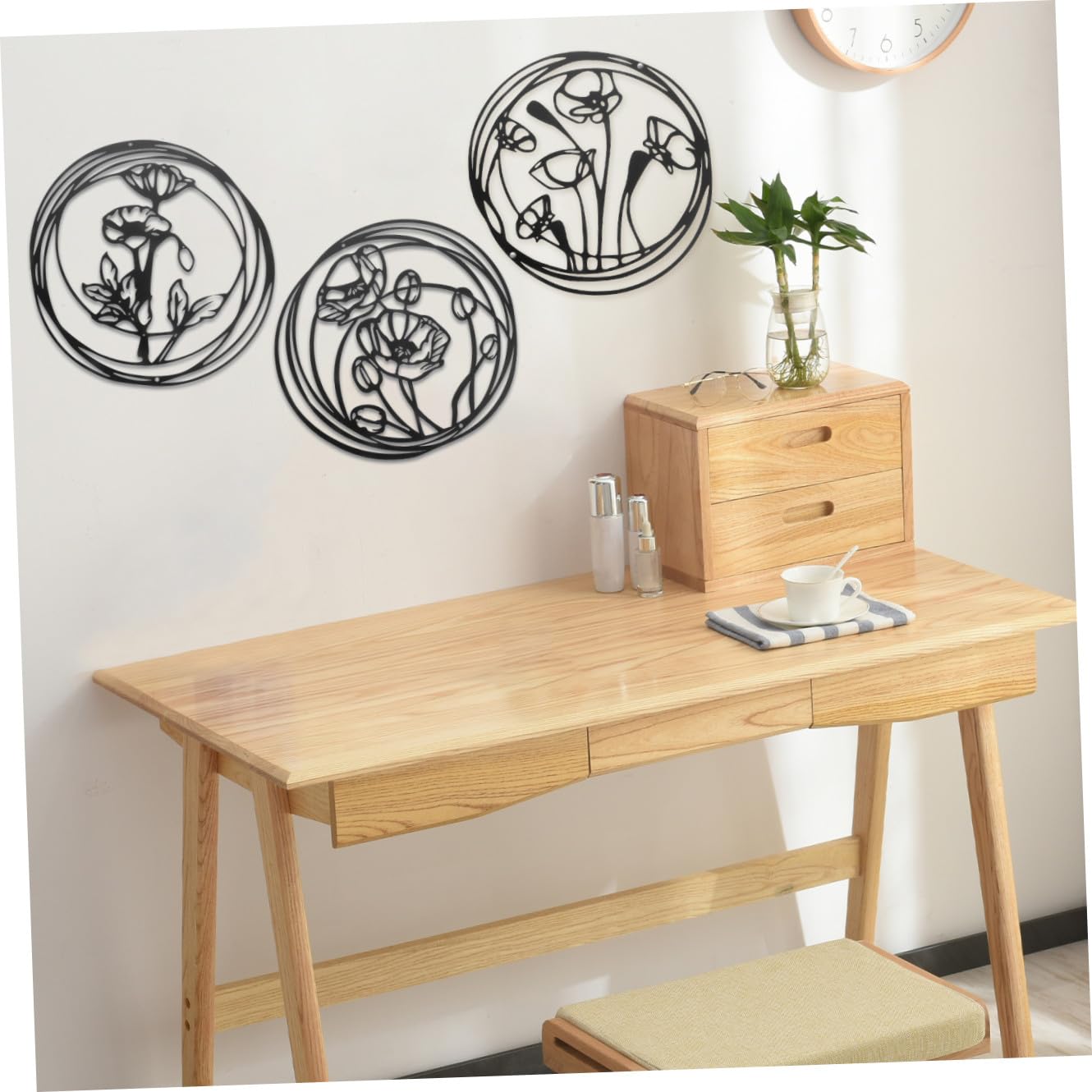 ULDIGI Decoraciones de Pared Flores de Hierro Negras, 3 Piezas | Diseño Geométrico y Circular, Colgante Fijable, Apto para Jardín y Armario