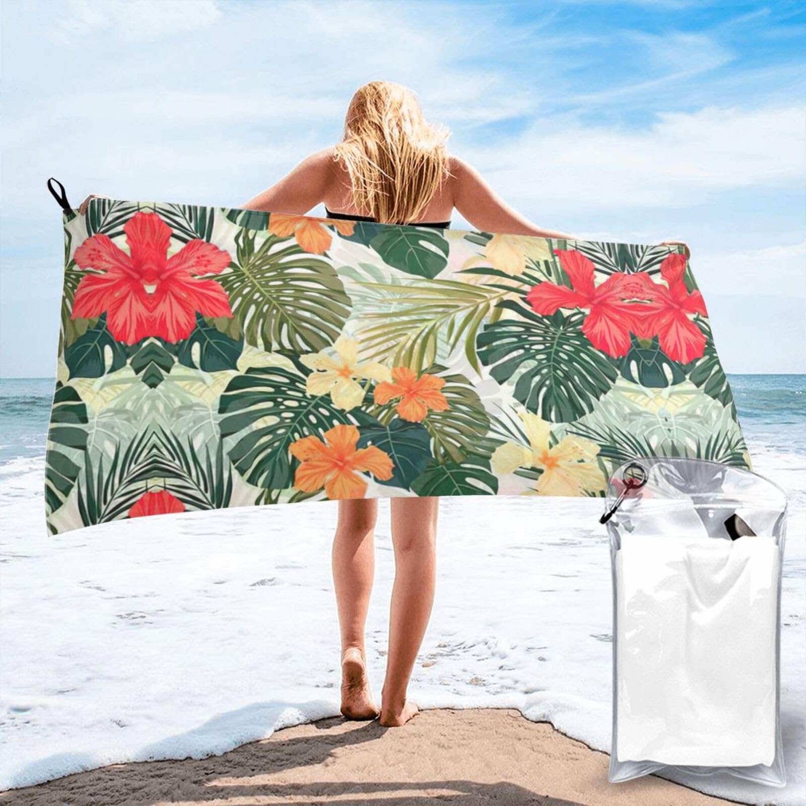 SDEGTHO Vegetation Leaves With Hibiscus Flowers Print Beach Towel Quick Dry Portable For Swimming Yoga Adults Fitness