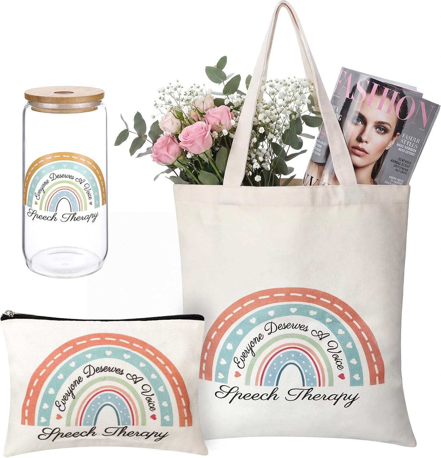 3 Pcs Speech Therapy Gifts Speech Pathologist Gifts Rainbow Canvas Tote Bag Cosmetic Bag 16oz Glass Tumbler Cup With Lid Appreciation SLP Gifts for Women Assistant Therapist Birthday Thanksgiving