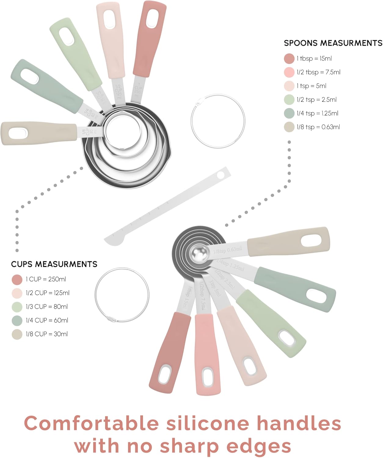 CuttleLab Measuring Cups and Measuring Spoons Set of 14 - Stainless Steel Measuring Cups and Spoons Set, Includes 1/8 Teaspoon Measuring Spoon, 1/8 Cup Measuring Cup, Leveler Dry (14, Country Chic)
