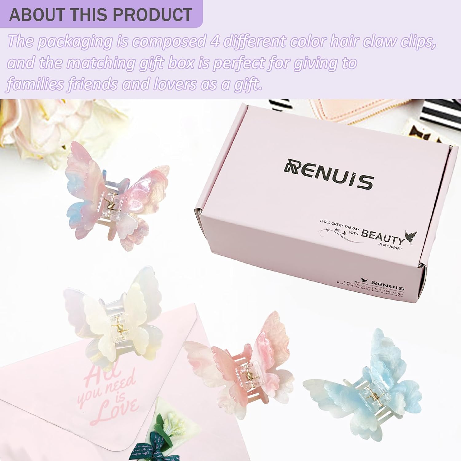 Fantasy Gradient Color Double Layered Butterfly Hair Clips, Medium Acrylic Claw Clips for Thick Thin Hair, Non-Slip Butterfly Jaw Clips, Beautiful Hair Accessories for Girls and Women (Dreamy Double) - Image 3