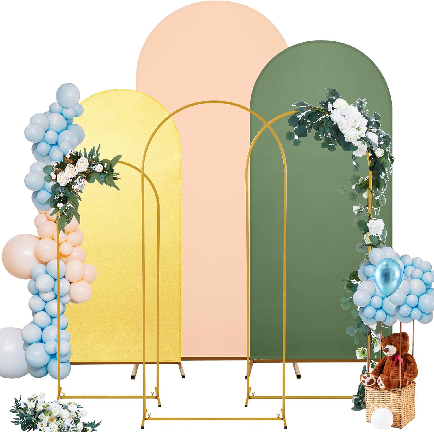 Gisafai Set of 6 Metal Arch Backdrop Stand and Cover Wedding Chiara Arch Frame Backdrop Stand with Spandex Cover for Wedding Decor(4ft/5ft/6ft,Light Pink, Green, Gold)