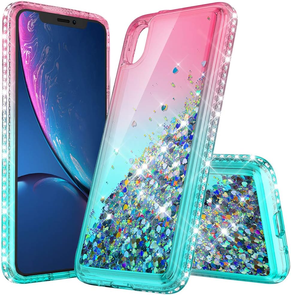 LOVEMECASE iPhone XR Case, iPhone XR Case for Girls Woman, Glitter Liquid Quicksand Bling Sparkle Flowing Sparkle Shiny Diamond Girls Protective Phone Case(Gradient Pink/Aqua)