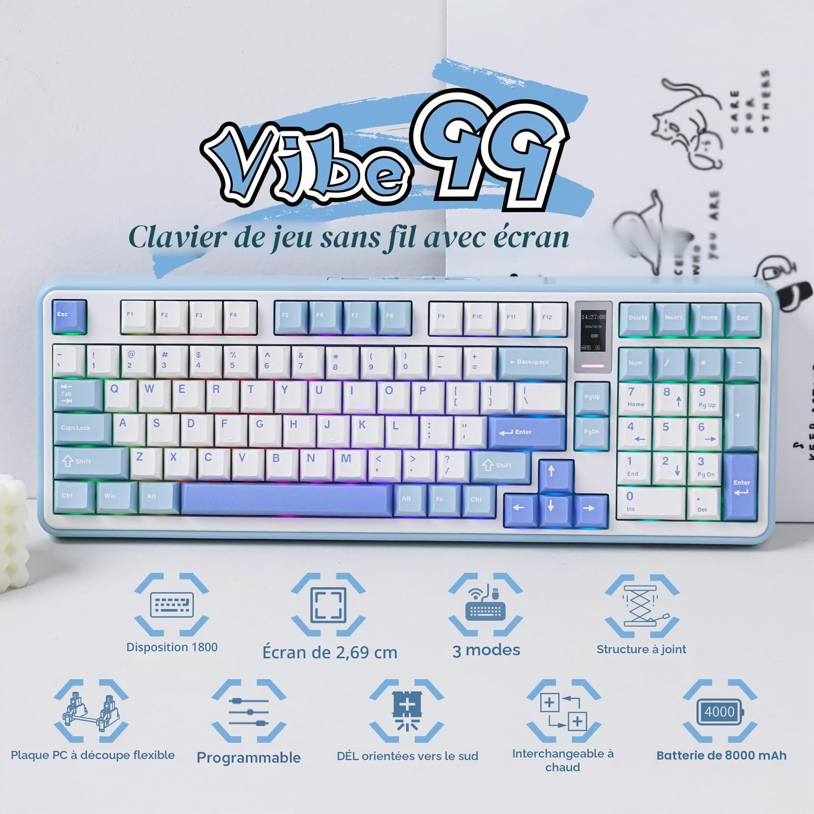 MechLands Vibe99 Clavier de jeu sans fil avec écran de 1,06", 100 touches, clavier mécanique Gasket remplaçable à chaud avec BT5.0/2,4 GHz/USB-C, RGB, NKRO, QWERTY (bleu)