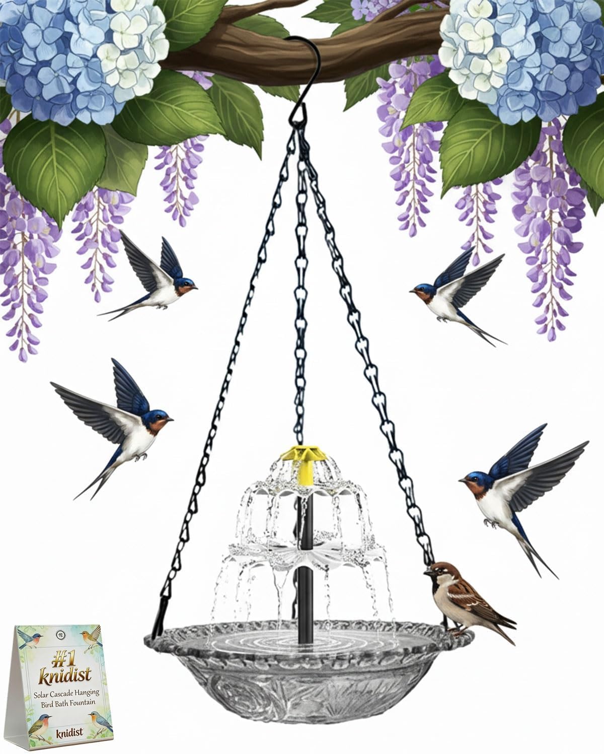 Cascade Solaire Suspendue Eagle Bath Fountain Heater Solaire alimenté Eadbath Colibri Fontaine d'eau Grande 3 Couches Pompe de Bain d'oiseau Bol en Verre pour Patio extérieur Cour (Gris)