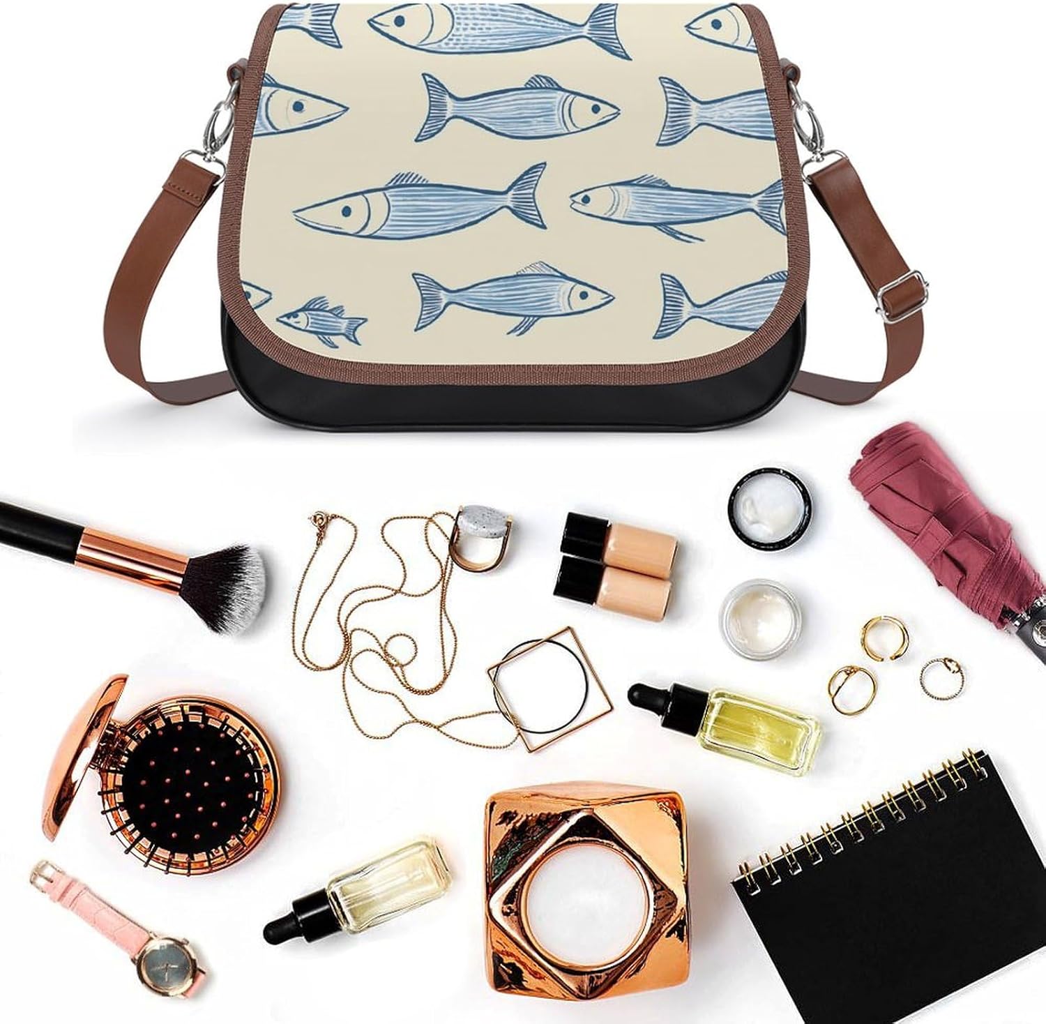 Sardine Fish Cute Crossbody Purses for Women Leather Shoulder Bag Adjustable Shoulder Strap Handbag