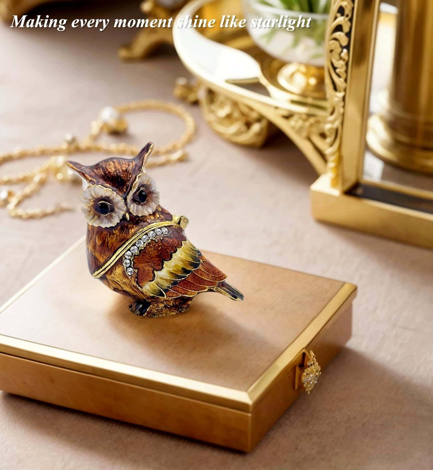 Luxury Owl Brid Hinged Trinket Box with Crystals Collectible Animal Jewelry Box for Rings Earrings,Owl Figurine Home Decor Gifts for Women