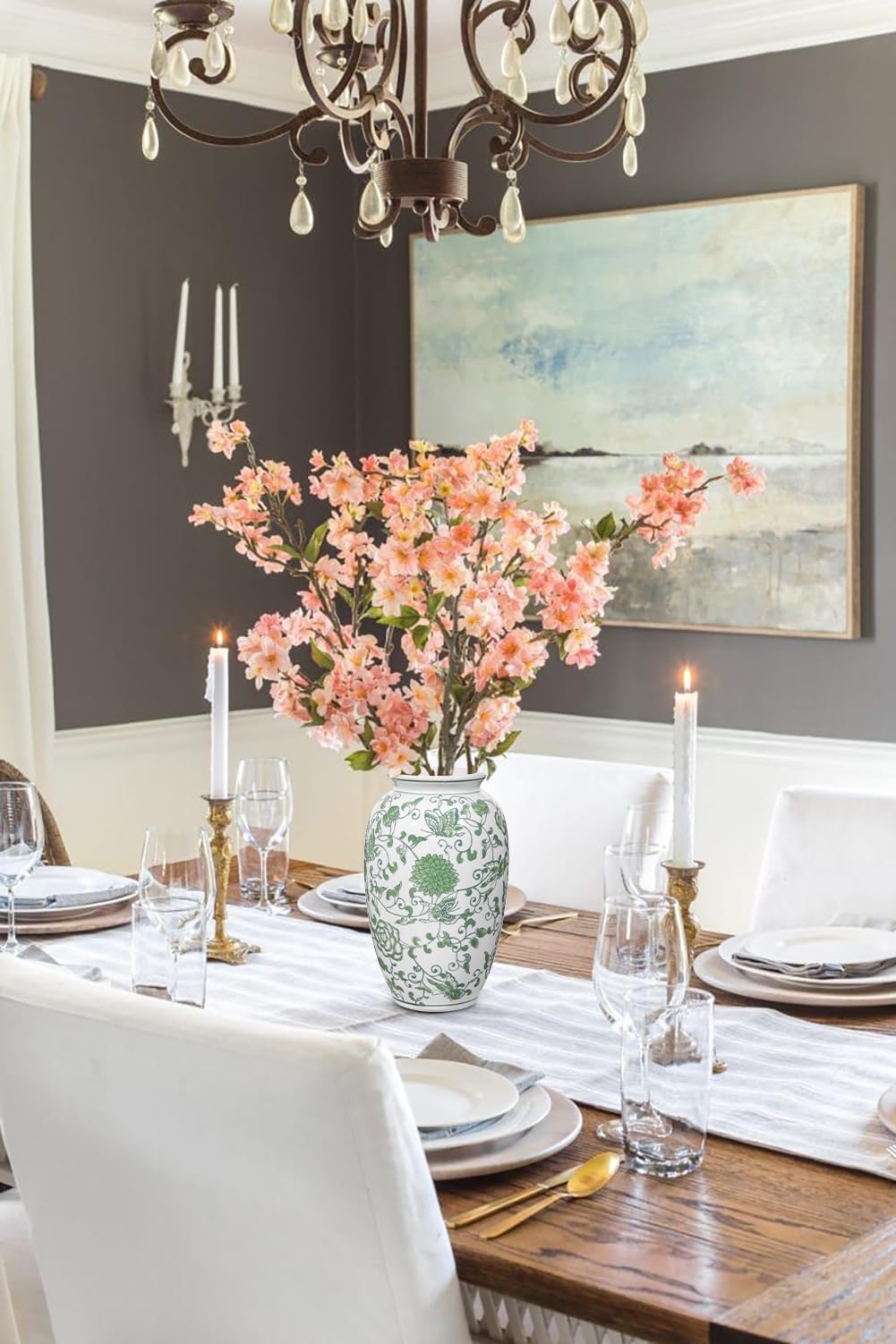 Keramik Vase Weiß und Blau für Blumendekoration Blumenvasen Deko Vase für Pampasgras Blumen, Tischdeko, Trockenblumen Deko Vasen für Wohnzimmer, Bürodeko, Modernes Dekoratives Vasen