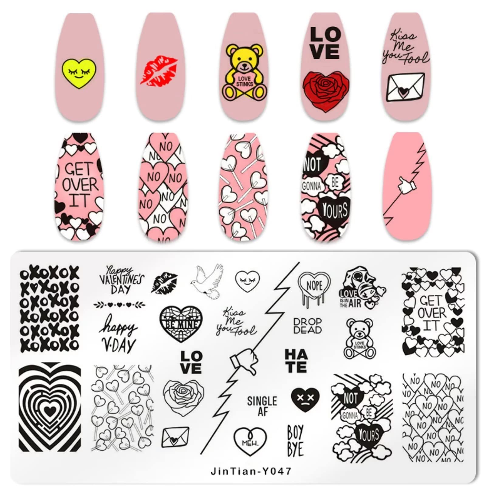 RUNRAYAY Love Style Nail Art Stamping Template, Heart Lip Word Bear Image Nail Plates Nail Supplies