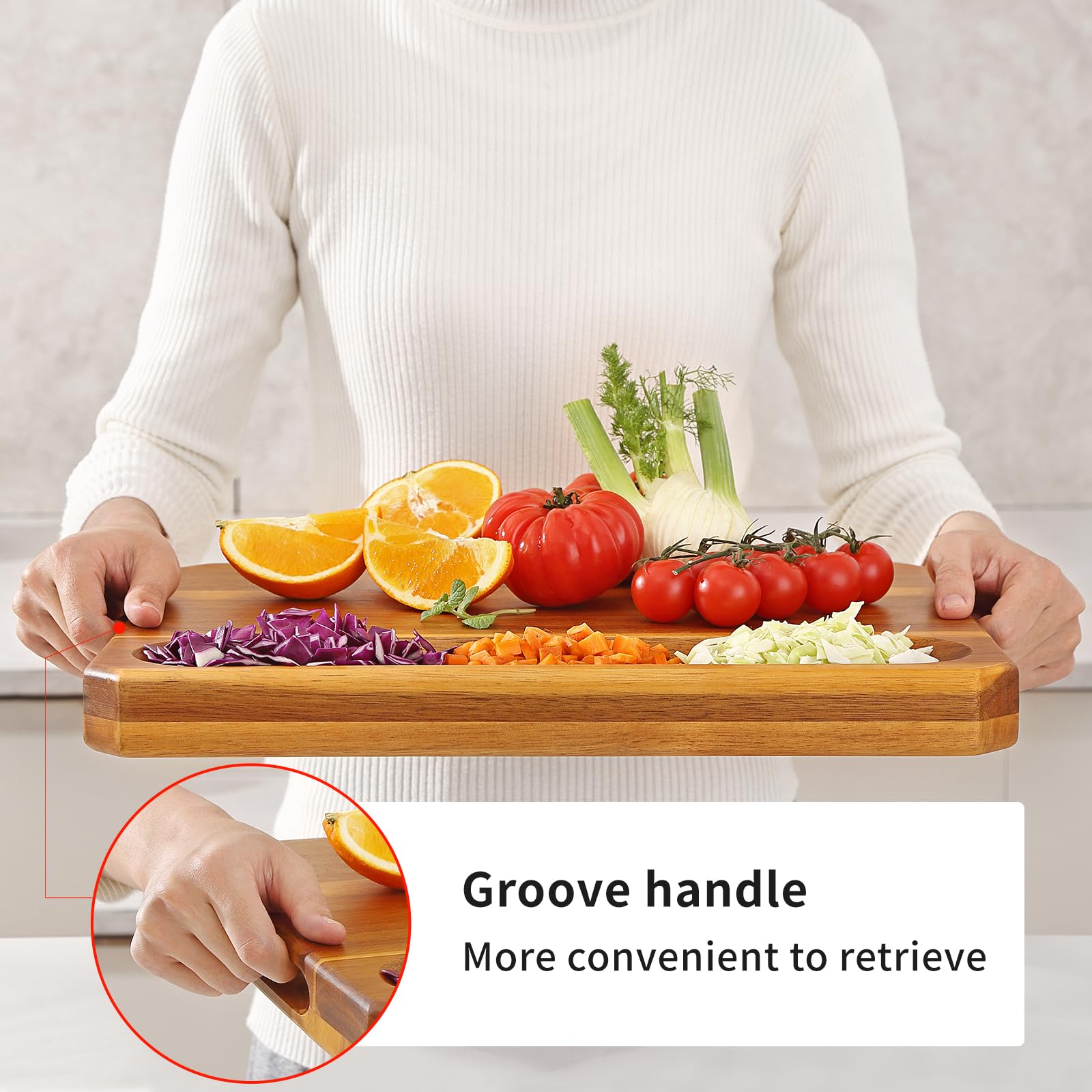 Tablas de cortar de madera de acacia para cocina, tablas de cortar grandes de madera para cortar carne, queso, frutas y verduras, tabla de embutidos extragrande con asas, ranura para jugo