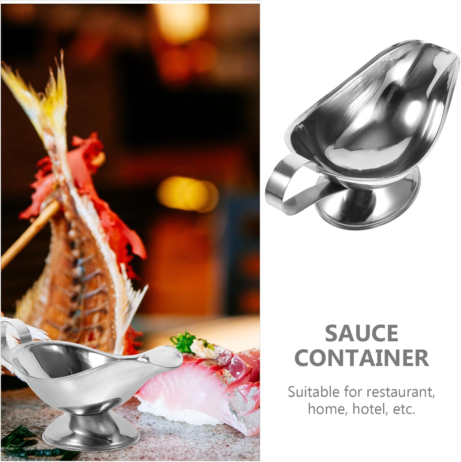 FOMIYES Stainless Steel Sauce Boat Sauce Cup Gravy Boat Saucer Lids Reusable (21x9.5x8cm)