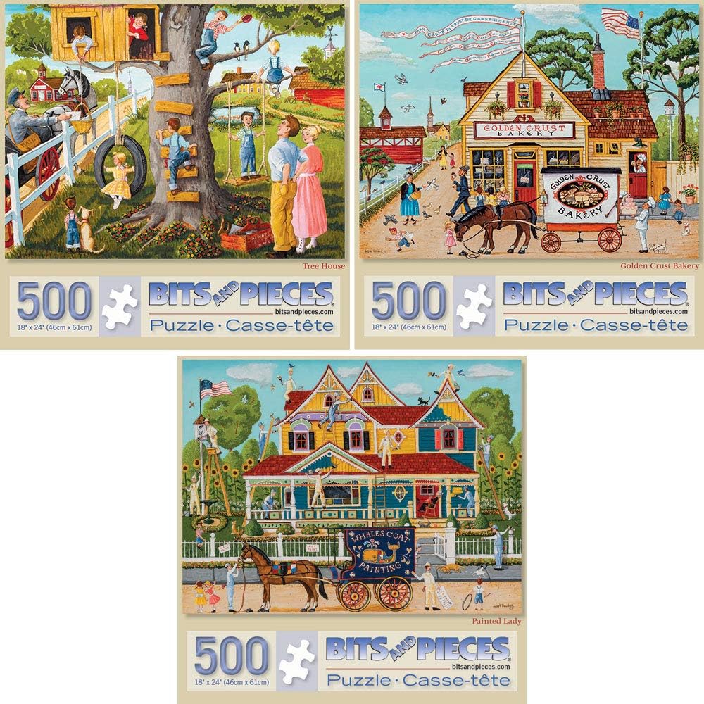 Bits and Pieces - 500 Piece Jigsaw Puzzle for Adults 18" X 24" - Value Set of 3-500 pc Tree House, Painted Lady, Gold Crust Bakery Jigsaw by Artist Joseph Holodook