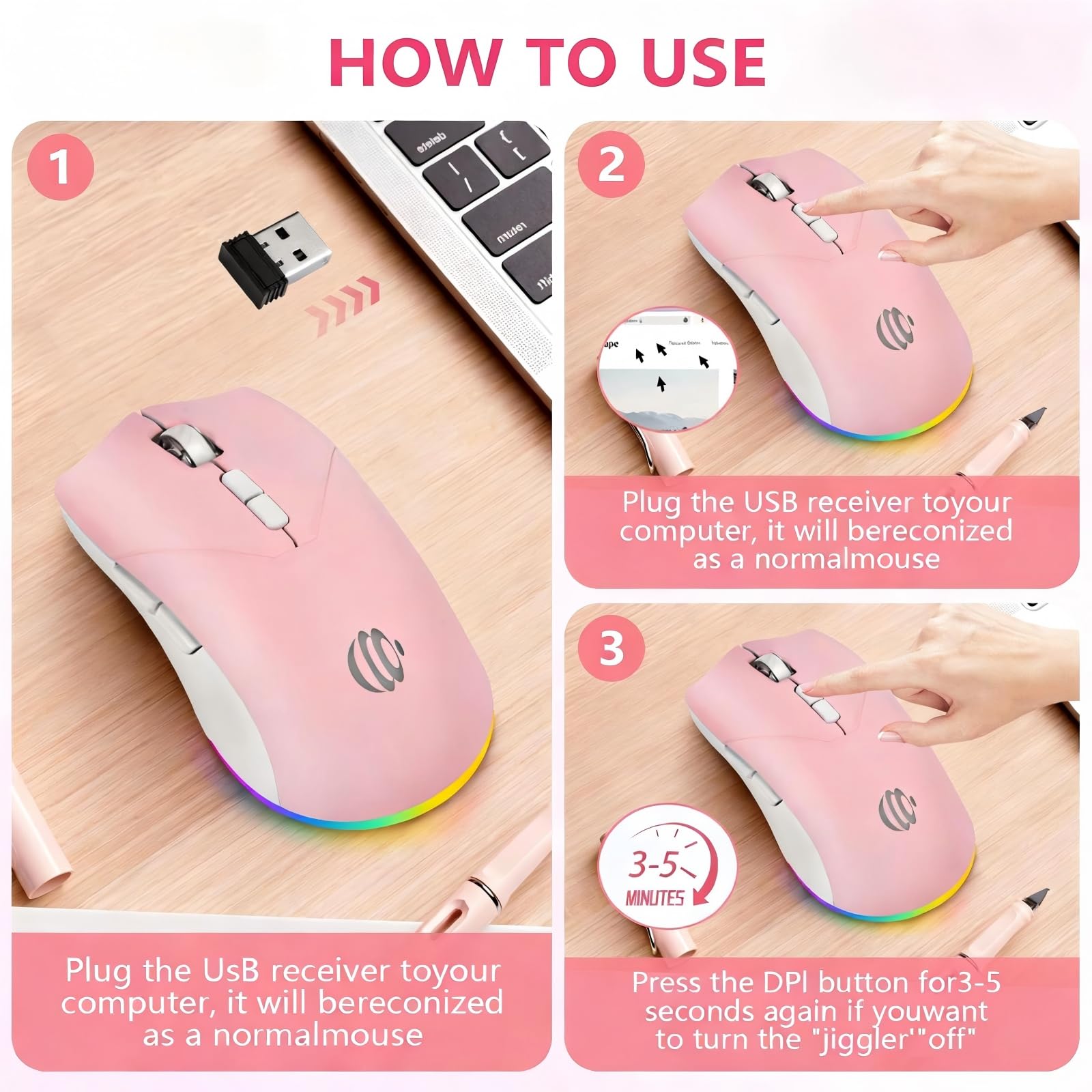 Ratón Bluetooth inalámbrico, ratón óptico USB recargable, 3 DPI ajustables, LED silencioso modo dual (Bluetooth 5.2 y 2.4G) Ratón inalámbrico para Mac, portátil, PC, Android, Windows (rosa)