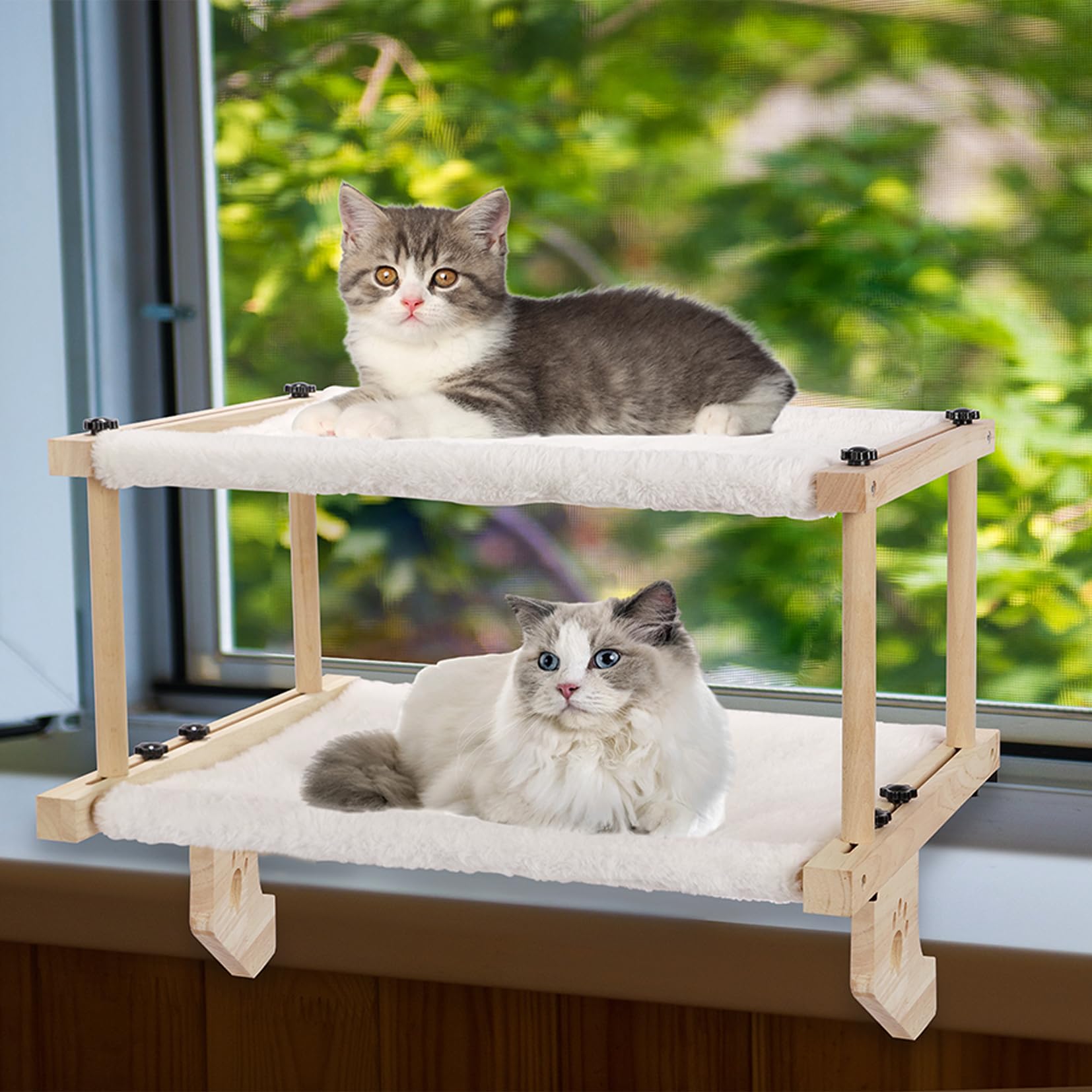 Umtiti Cama para gatos de dos pisos para alféizar de ventana, cama de gato de doble capa para alféizar de ventana, mesita de noche, cajón y armario, ventana de gato resistente con marco de madera y