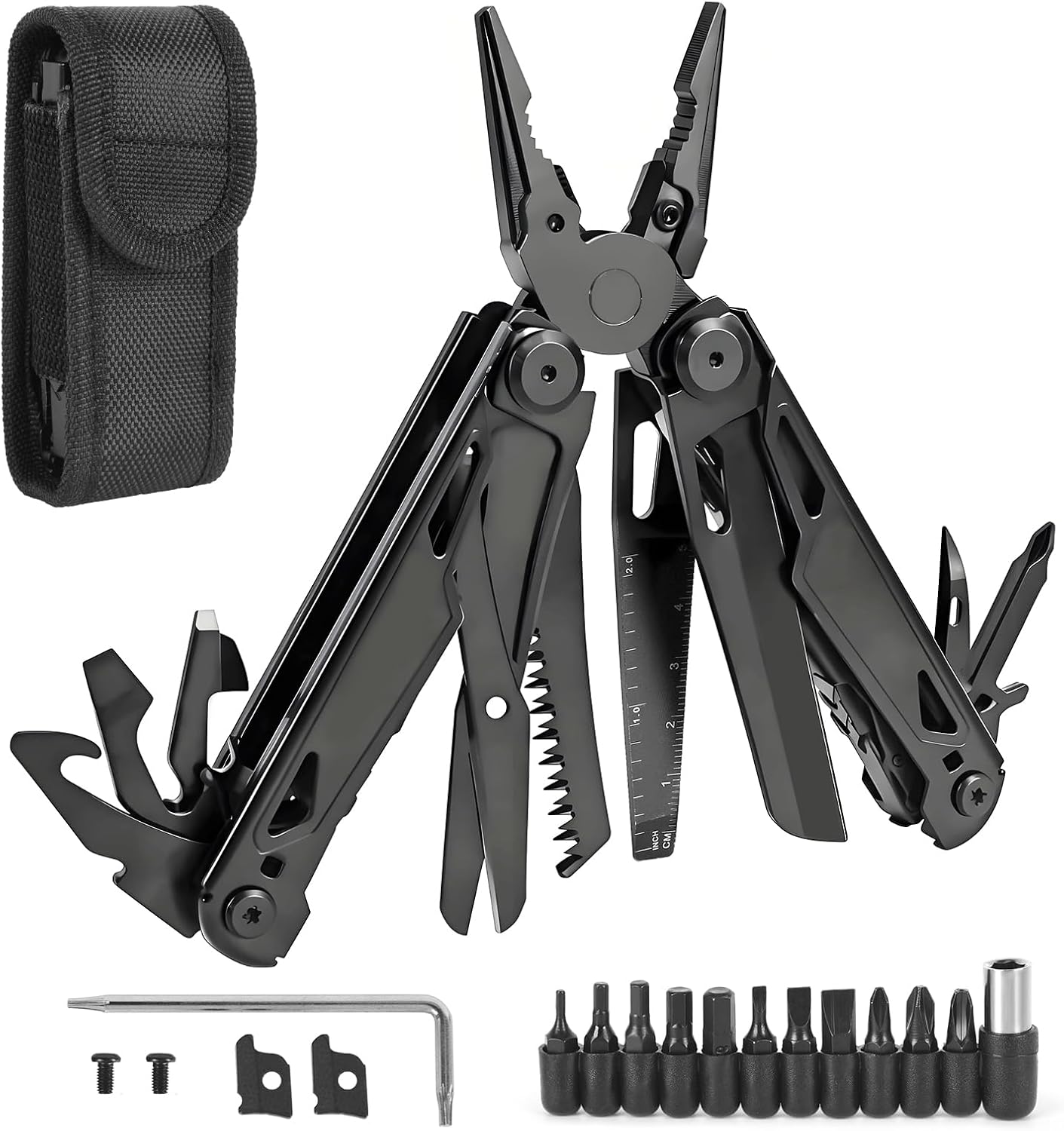 Multitool, 28-in-1 Stainless Steel Multi-Tool with Pocket Knife, Self-locking Pliers, Bottle Opener Professional Multi Tool for Outdoor, Survival, Camping, Hiking, Hunting – Black