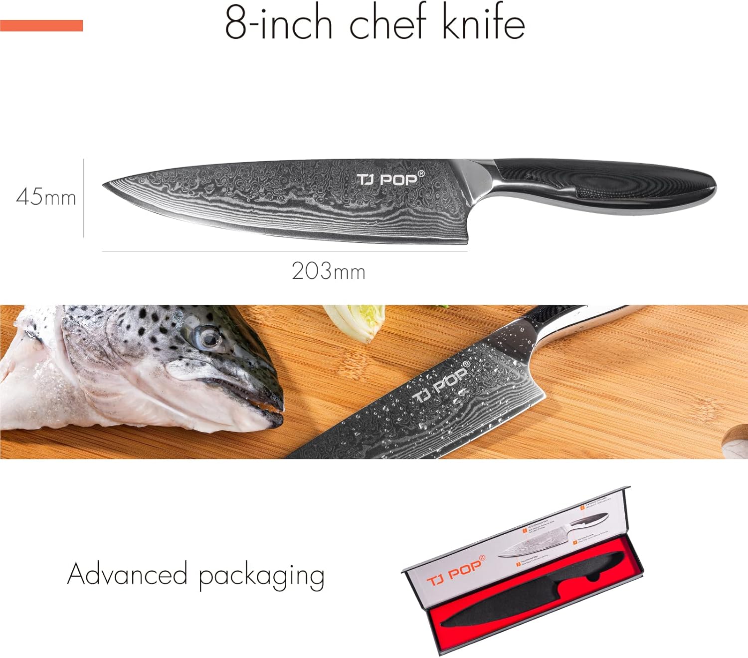 4-Piece Labeled Acacia Wood Cutting Board Set with VG-10 Damascus Chef Knife, Kitchen Prep Bundle for Meat, Vegetables & Fruits