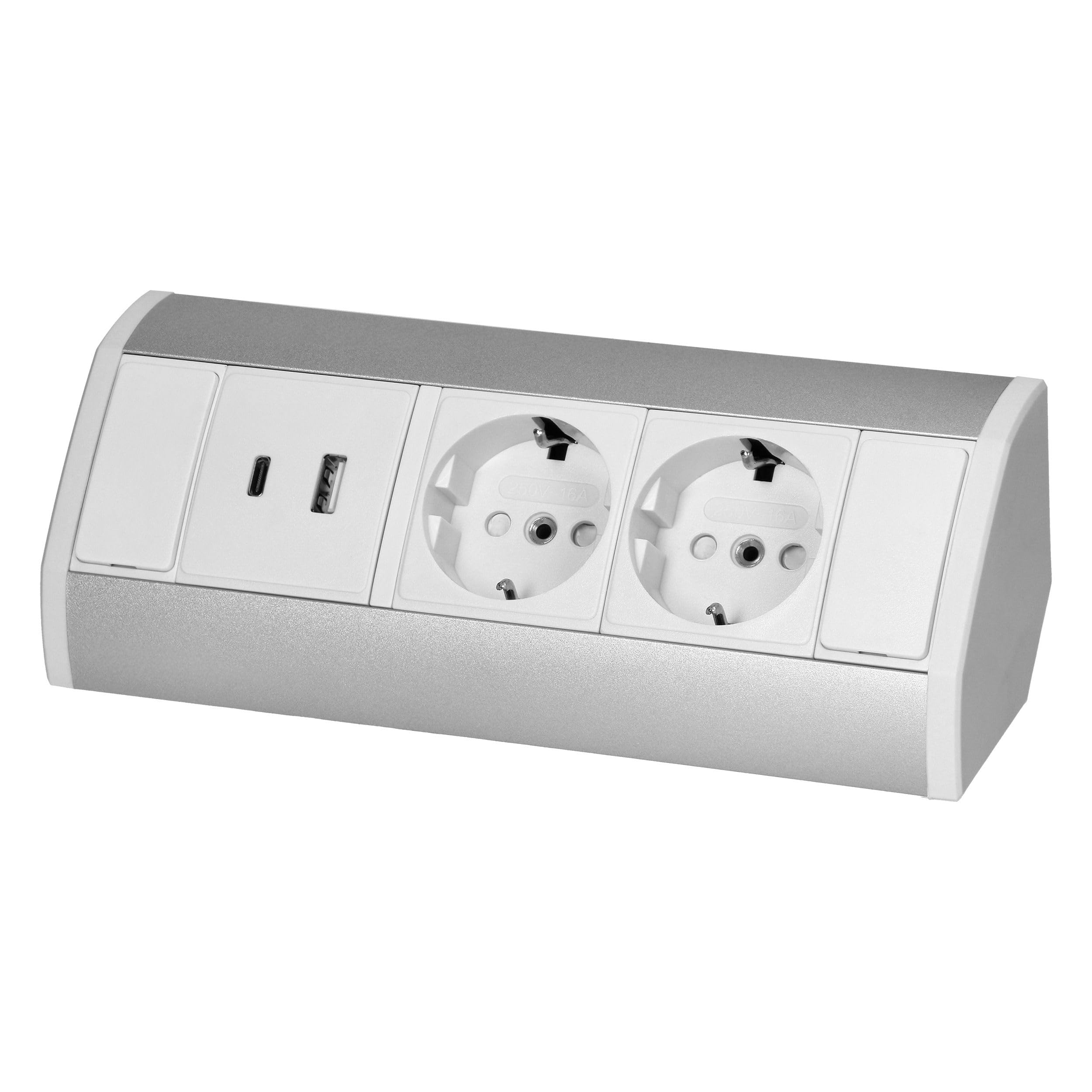 Enchufe para muebles de 2 enchufes y USB-A y USB-C blanco cable de 0,6 m – Enchufe para escritorio, cocina y oficina – 3680 W, 230 V, IP20 – Regleta de enchufes múltiple