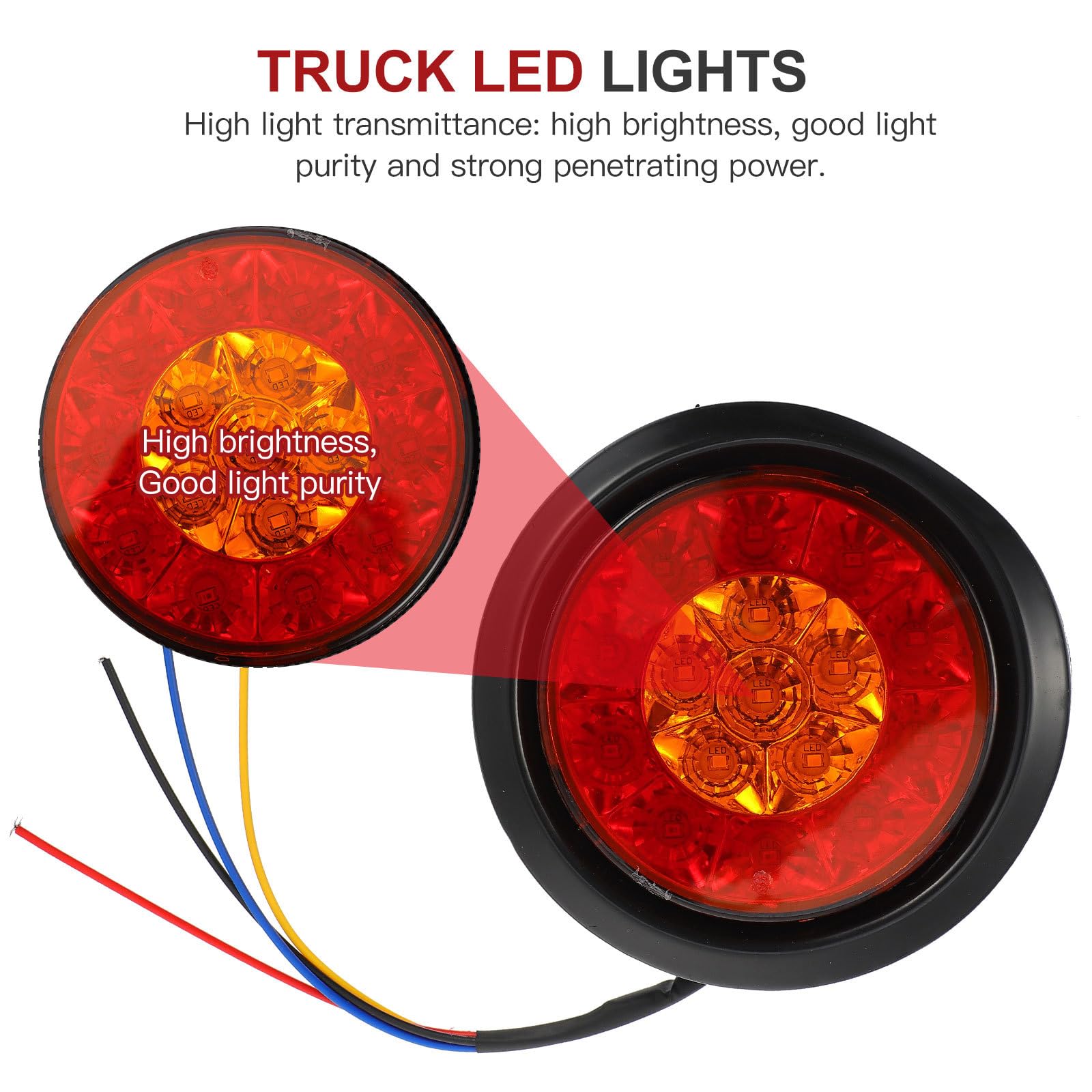 Luces Traseras Redondas para Remolque 16 Leds Bicolor, Anillo de Goma Resistente y Luz de Freno Amarilla para Señalización y Advertencia