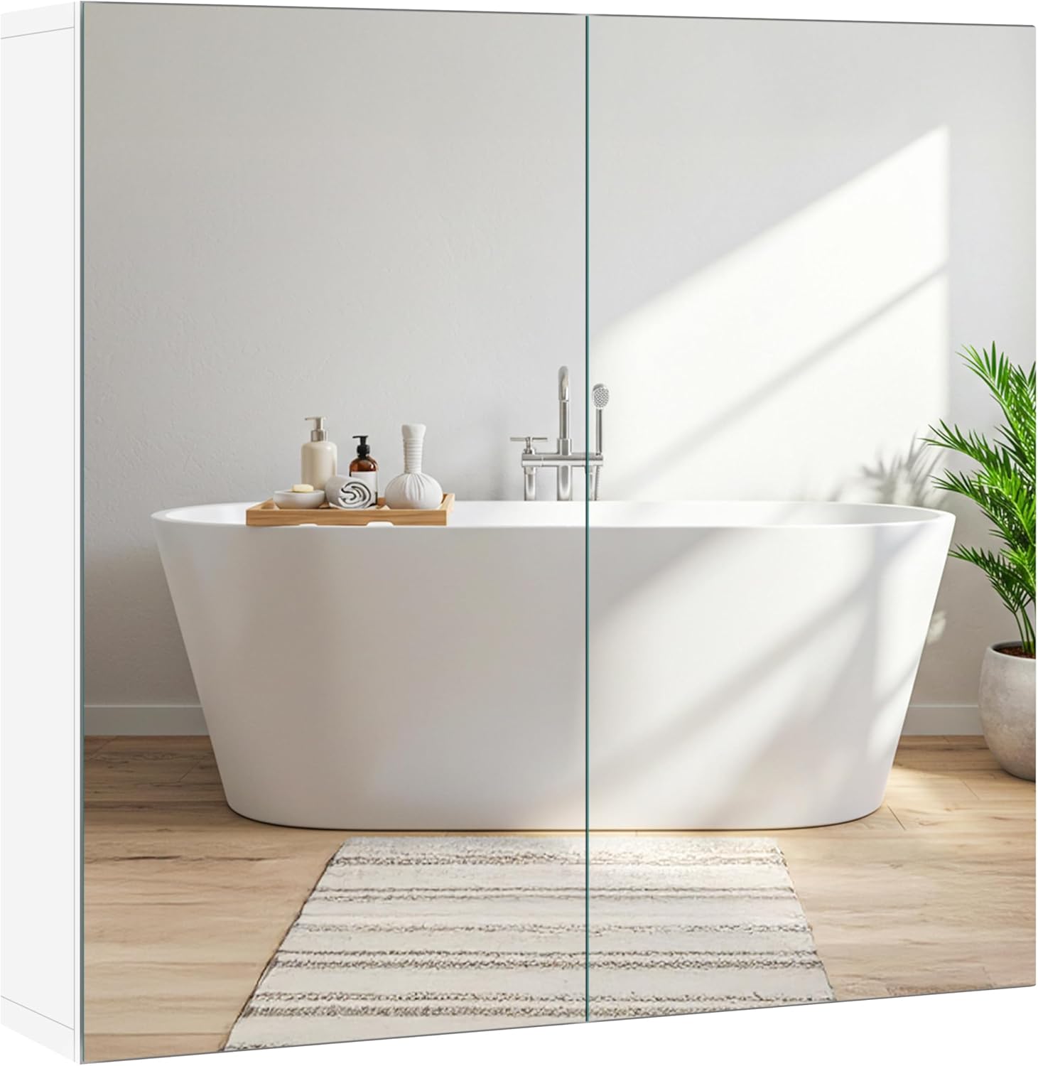 Espejo Mueble de Baño con 2 Puertas y Estante Ajustable, Blanco