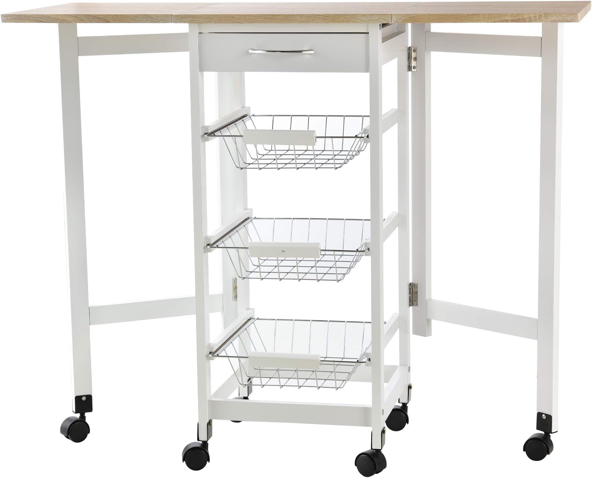 HOMCOM Drop-Leaf Kitchen Cart Trolley w/ 3 Baskets Drawer Surface Top 6 Universal Wheels Rolling Storage Unit Kitchen Home Dining Island White Oak Tone