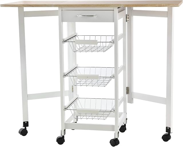 HOMCOM Drop-Leaf Kitchen Cart Trolley w/ 3 Baskets Drawer Surface Top 6 Universal Wheels Rolling Storage Unit Kitchen Home Dining Island White Oak Tone