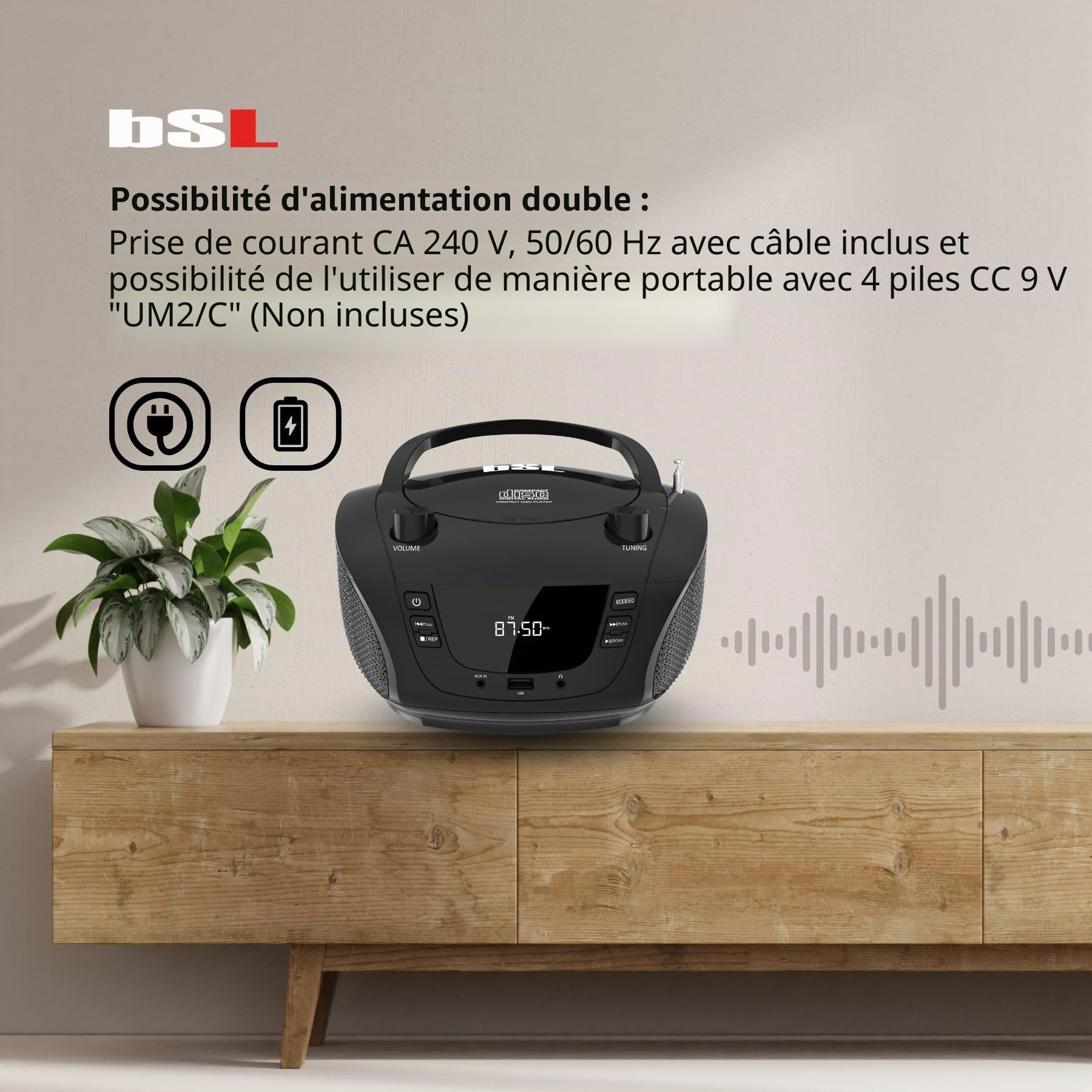 Boombox BSL JL-2031A Radio CD portable Bluetooth avec 4 W de puissance RMS Radio FM et port USB Compatible avec fichiers MP3 Écran LCD Entrée AUX IN et sortie casque