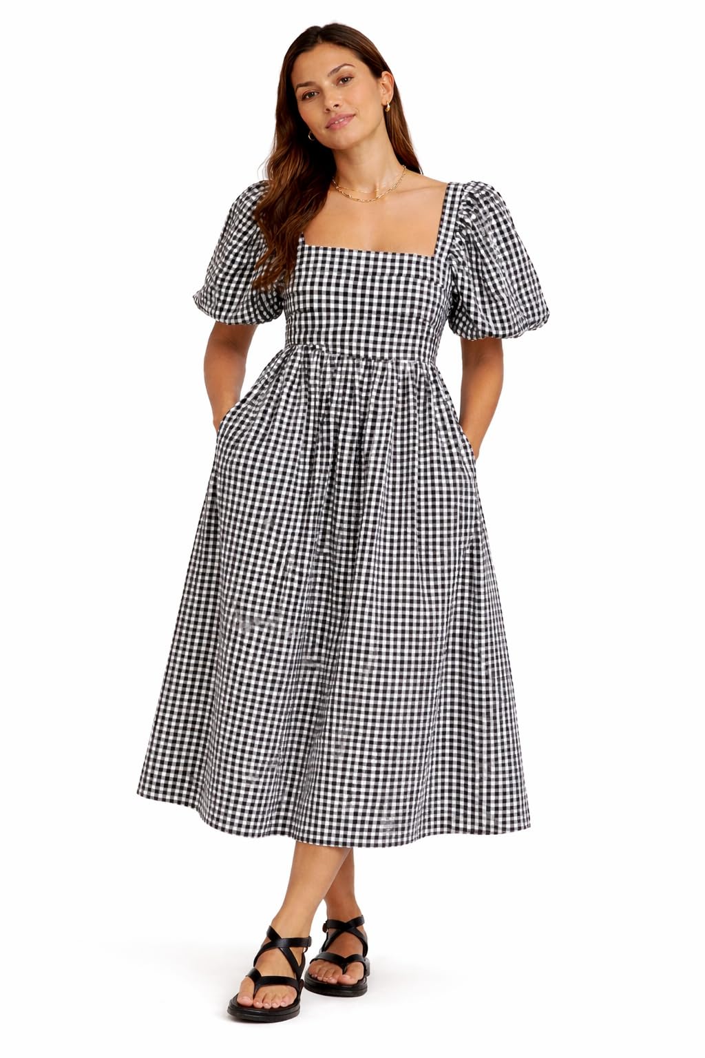 Gingham Check A-Line Dress, Polyester Blend, Puff Sleeves, Square Neck, Mid-Calf Length, Black and White, DN-0013-Check A-Line Dress-image-19