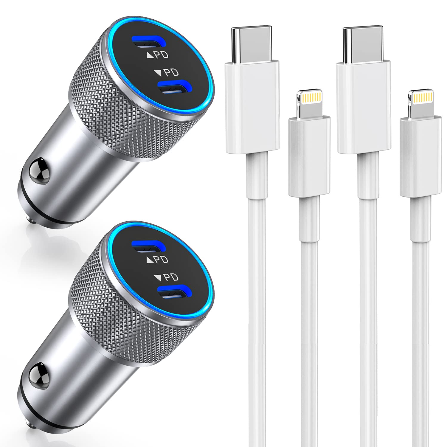 iPhone Fast Car Charger,2Pack Dual Port USB C Car Charger[MFI Certified]Power Delivery Car Adapter with 2Pack Lightning Cable Type C Rapid Car Charging for iPhone 14/14 Pro/13/12/11/X/Xs/Xr/SE/8/iPad