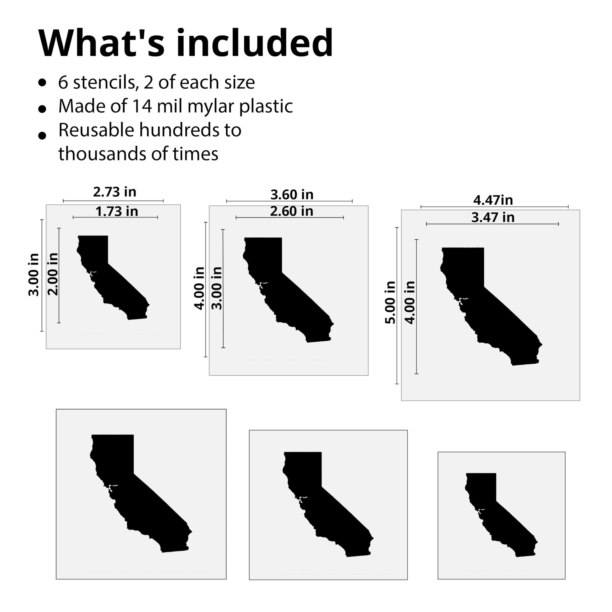 Stencil Stop California State Shape Stencil - Wielokrotnego użytku do projektów DIY, malowania, rysowania, majsterkowania - 14 milionów plastiku mylarowego (5,1 cm, 7,6 cm i 10 cm, 2 każdy)