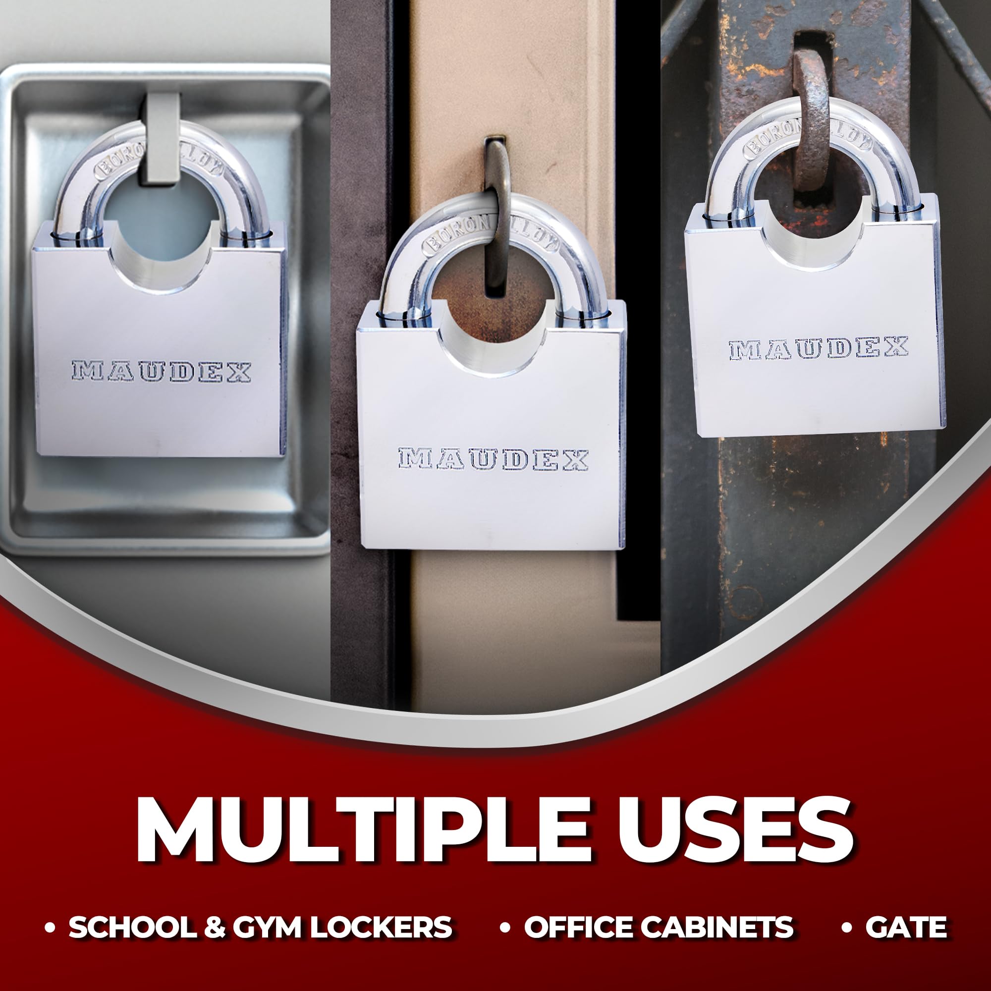 Maudex® RPB45 Heavy Duty Padlock with 5 Keys - 9mm Cut Resistant Hardened Shackle - Weatherproof Chrome Body - Image 3