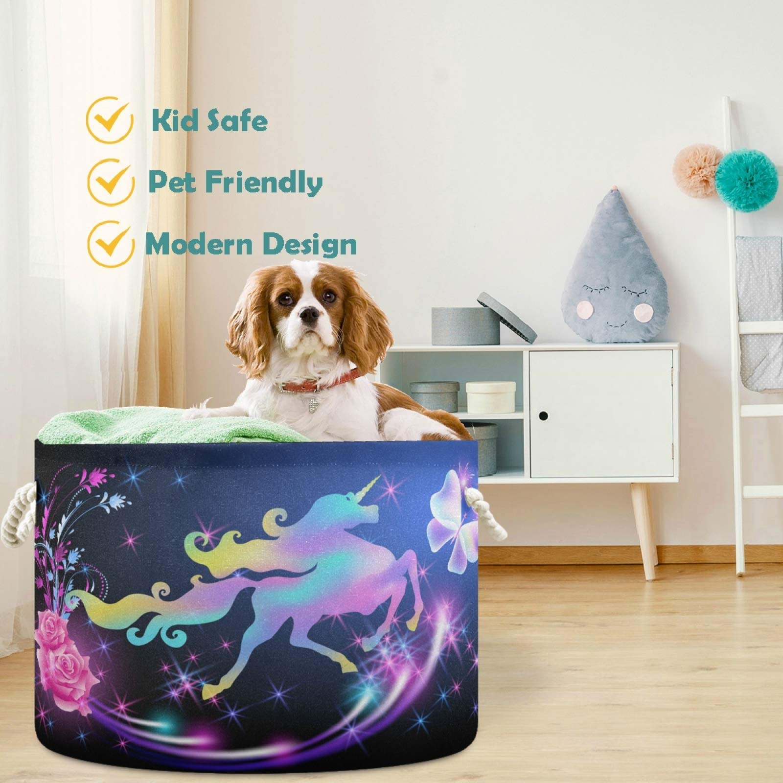 visesunny Storage Basket Unicorn Flying Butterfly Rose Star Nursery Hamper Canvas Fabric Toy Storage Organizer Bin Waterproof Storage Box Laundry Basket for Kid Rooms,Playroom,Shelves,Toy Basket,Gift