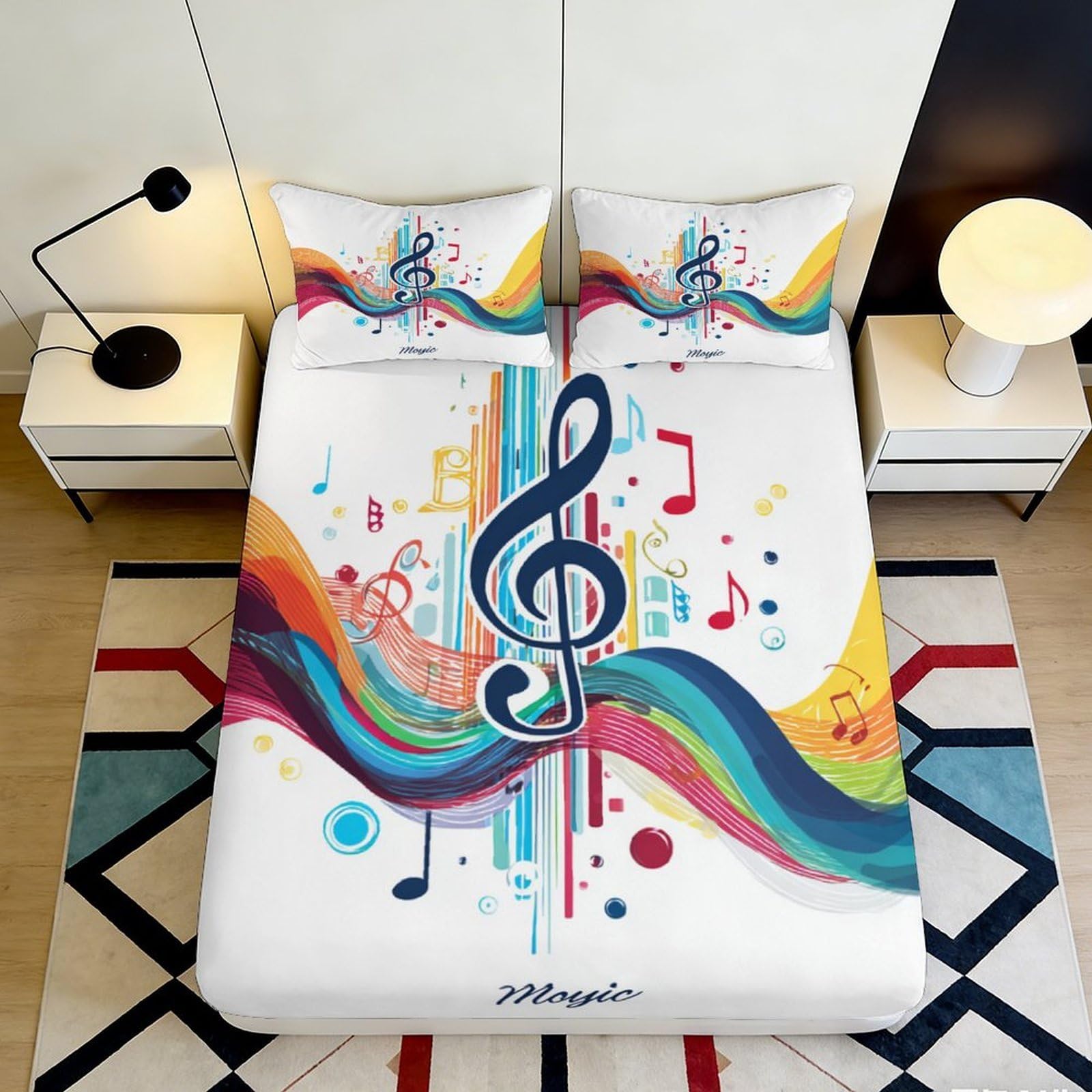 3D Printed Colorful Music Notes Fitted Sheet Microfiber Bedroom Decor Rainbow Melody Mattress Cover Washable 90x200x25cm