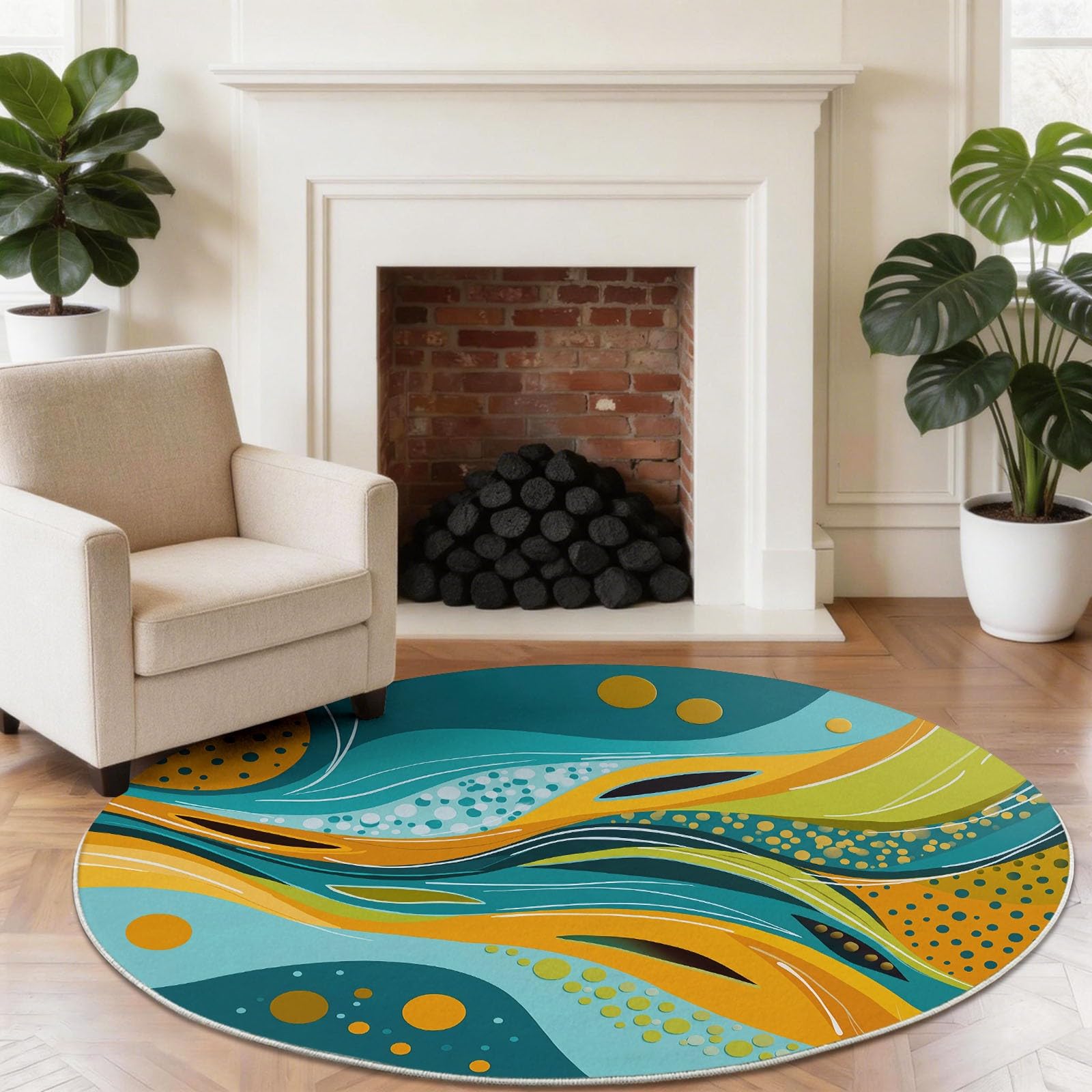 Tappeto rotondo con onde astratte e curve, per interni, 120 cm, arte moderna, a pelo basso, lavabile, rotondo, antiscivolo, per camera da letto, ragazzi, ragazze, multicolore
