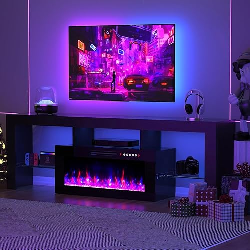 MU Modern White Fireplace TV Stand with 36" Fireplace, 70" High Gloss Entertainment Center with 12-Color LED Lights & 12-Color Flame, TV Stand with Fireplace for TVs Up to 80", Black