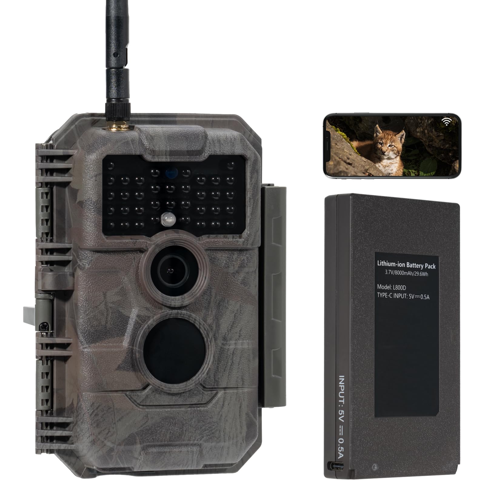 E6P Wildlife Camera WiFi Bluetooth, 48MP 1296p Trail Camera with 8000mAh Rechargeable Battery Pack, No-Glow Night Vision Motion Activated Garden Camera