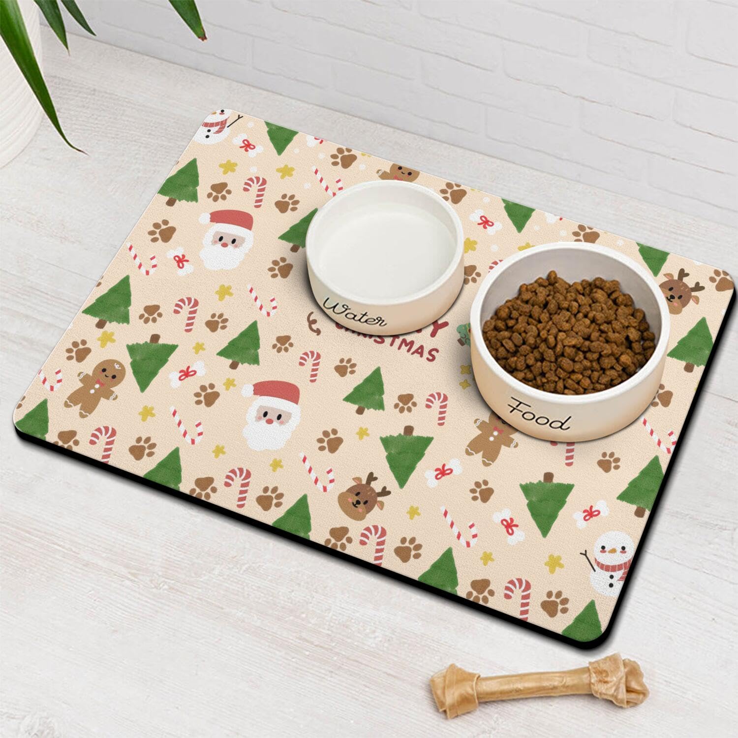 Christmas Dog Food & Water Mat, Paw Prints Santa Claus Snowman Xmas Pet Feeding Mat for Floor Non-Slip Waterproof, Super Absorbent Cat Bowl Mat, Easy to Clean Pet Placemat,24" ร 32" โ image 1