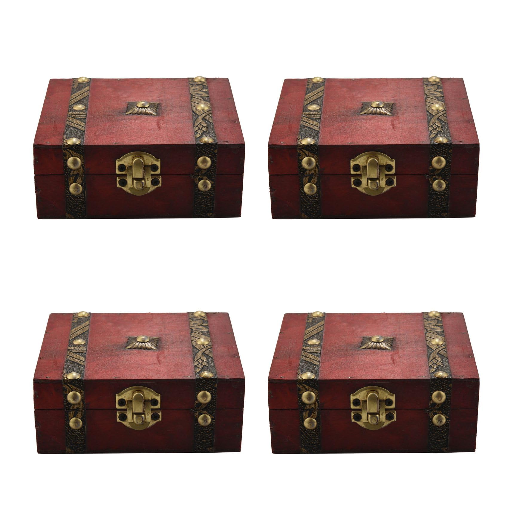 Hndhbfgrt 4X Wooden Treasure Chest Box Lock Organizer Case Foldable Mini Small Wood Home Decor Container Trinket Jewelry Bin