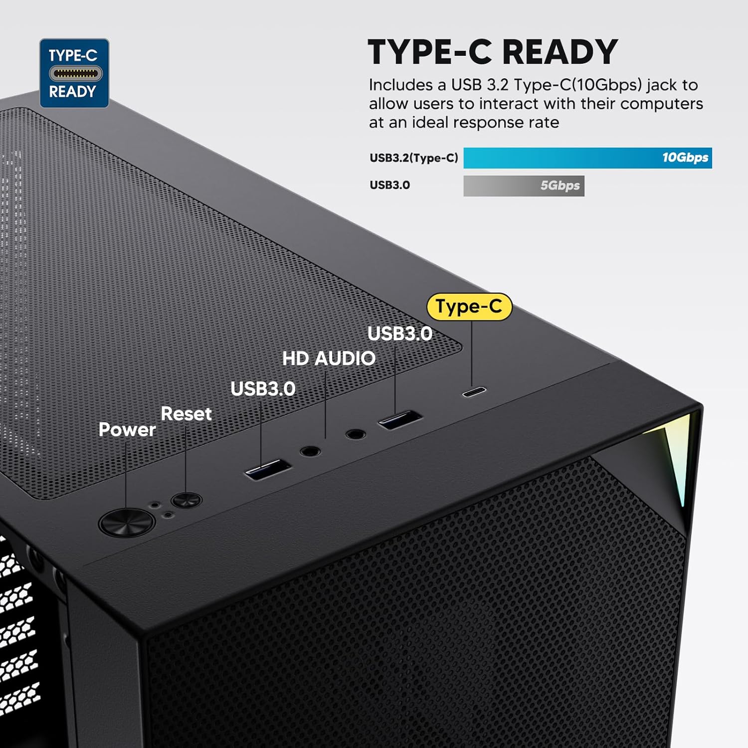 Vetroo AL800 PC Case top I/O panel with USB Type-C, USB 3.0, HD Audio, Power, and Reset buttons