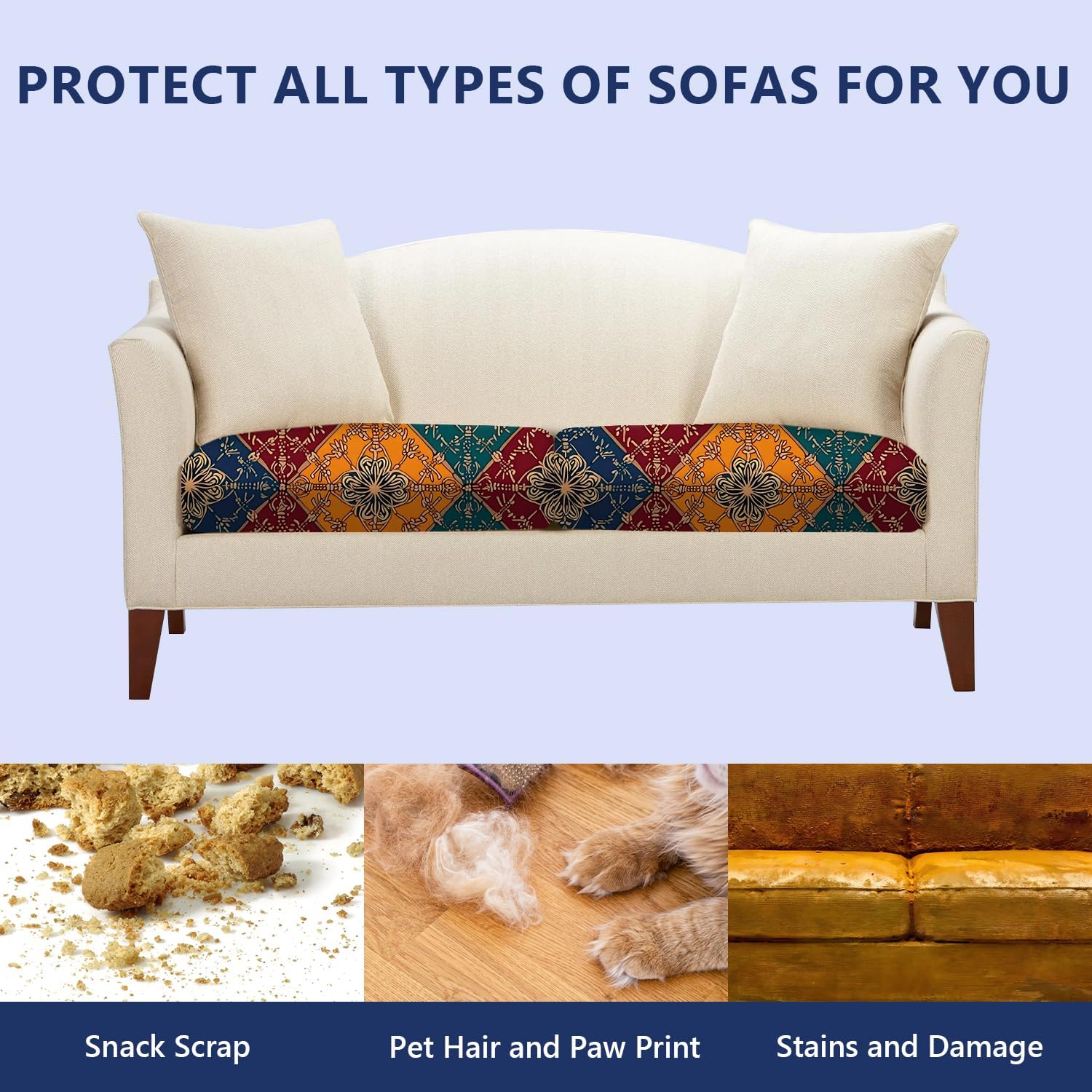 8pcs Color Block Diamond Printed Couch Cushion Covers - Washable Stretchy Replacement Covers for Sofa Seats, Non-Slip Sofa Slipcovers Pets Friendly Indoor Decor