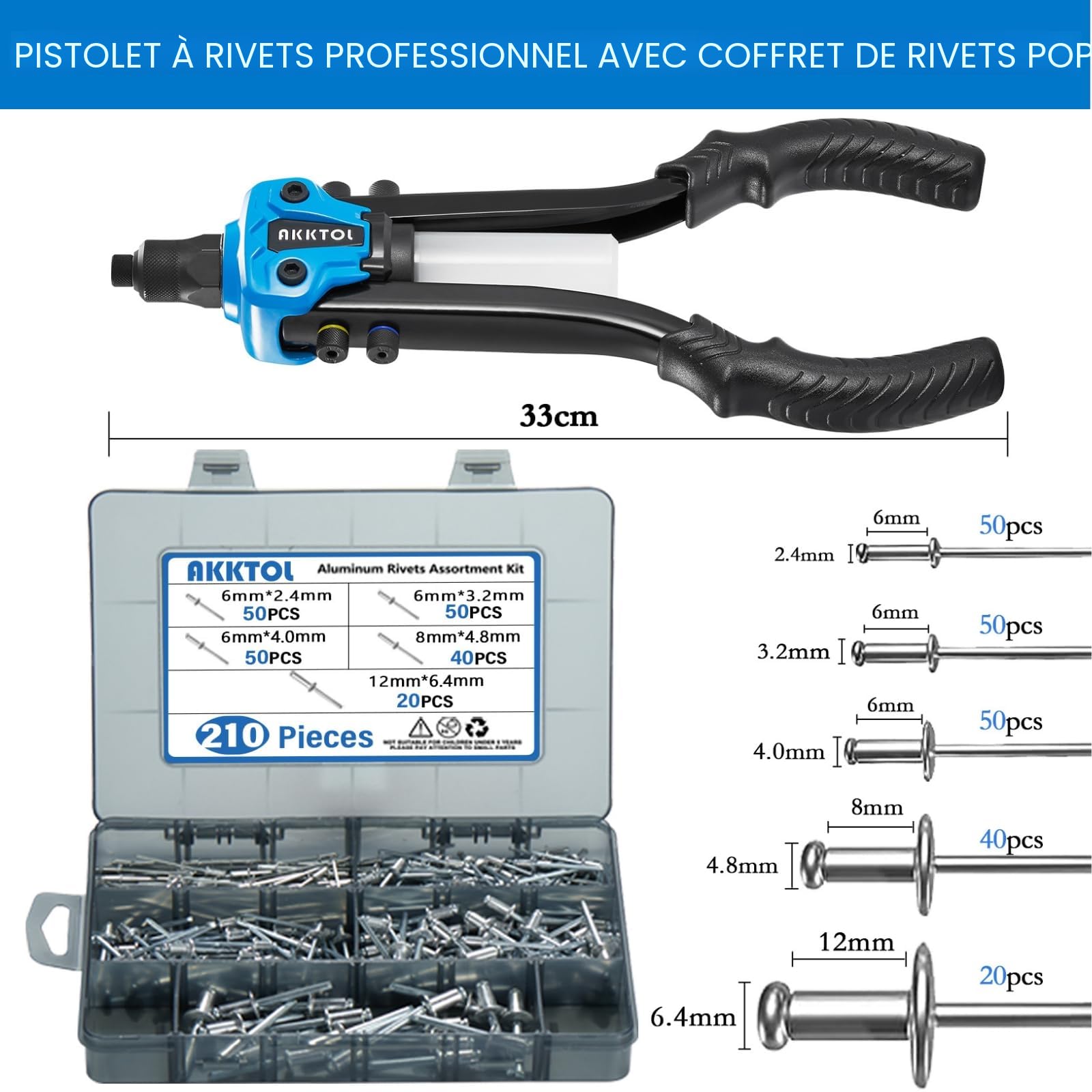 AKKTOL Pince a riveter pop 33cm ensemble 5en1 avec 210 rivets alu pour rivets aveugles Ø 6.4 à 2.4 mm en acier inoxydable alu | Riveteuse manuelle professionnelle