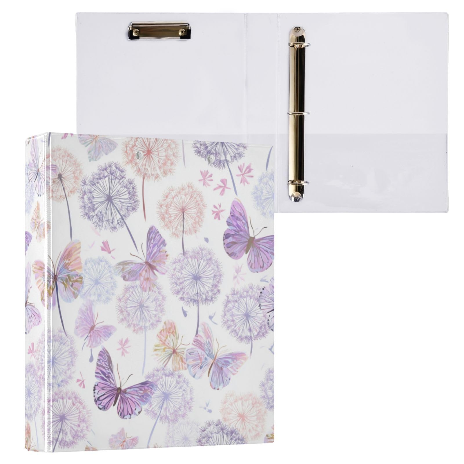Kcldeci Raccoglitore a 3 anelli con copertina rigida, farfalle e denti di leone, anelli rotondi da 3,8 cm, con tasche interne, per scuola, ufficio, ricette, raccoglitori, confezione da 2