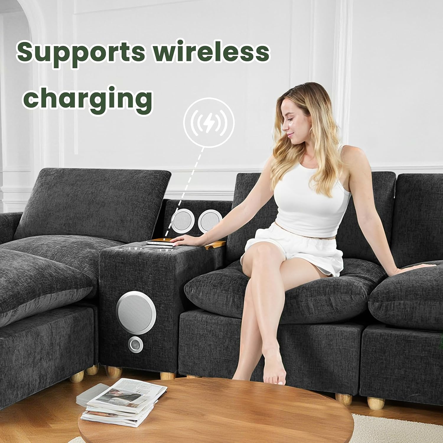 Brelice Modular Sofa Console with Wireless Charging & Bluetooth Speaker - All-in-One Armrest Organizer with Wired Charging, Storage Tray, Volume Control for Sectional Couch, Living Room - Image 7