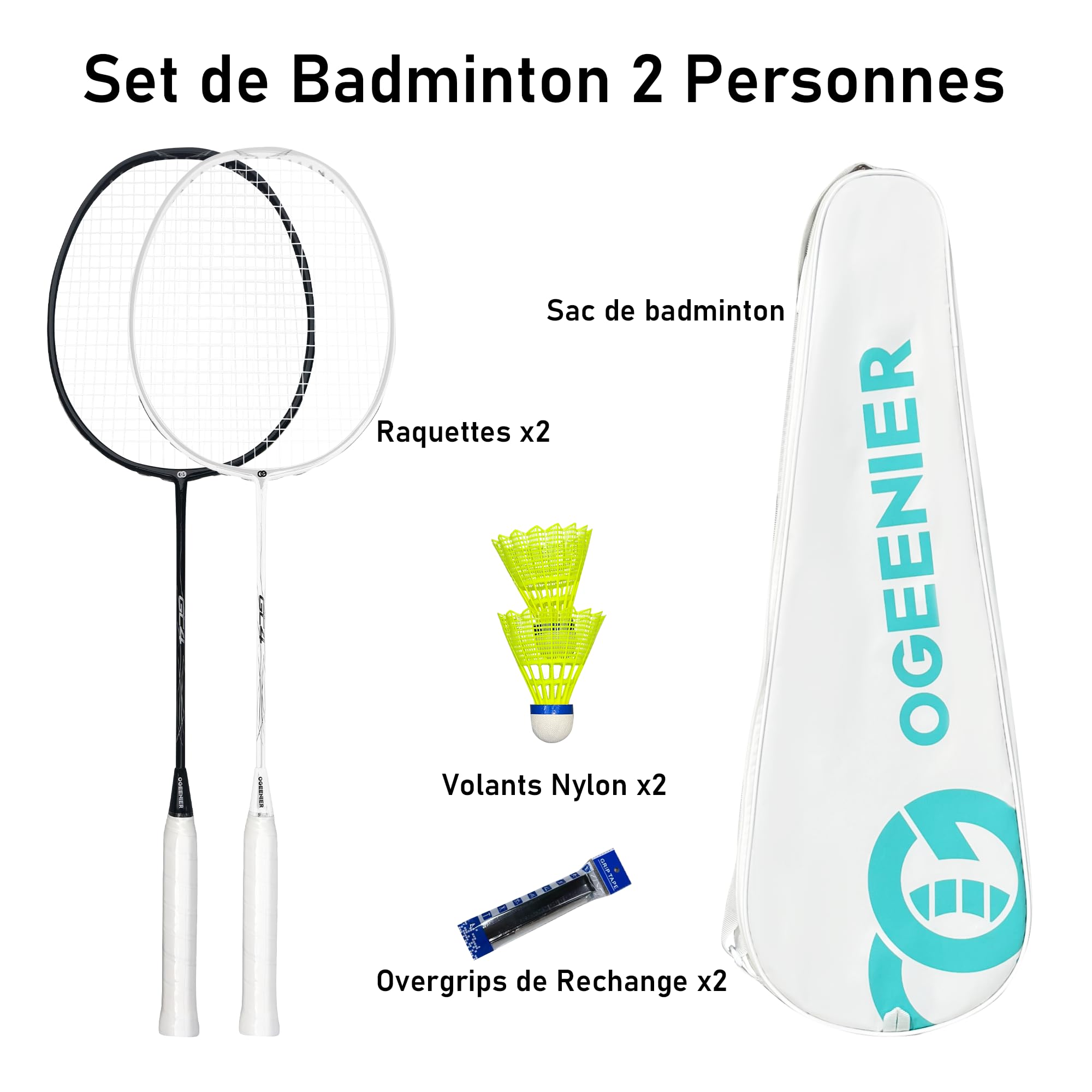 OGEENIER Raquette Badminton Adulte,Raquette Badminton pour 2 Personnes | OGEENIER Badminton Set Complet Légère - tête légère, idéale débutants