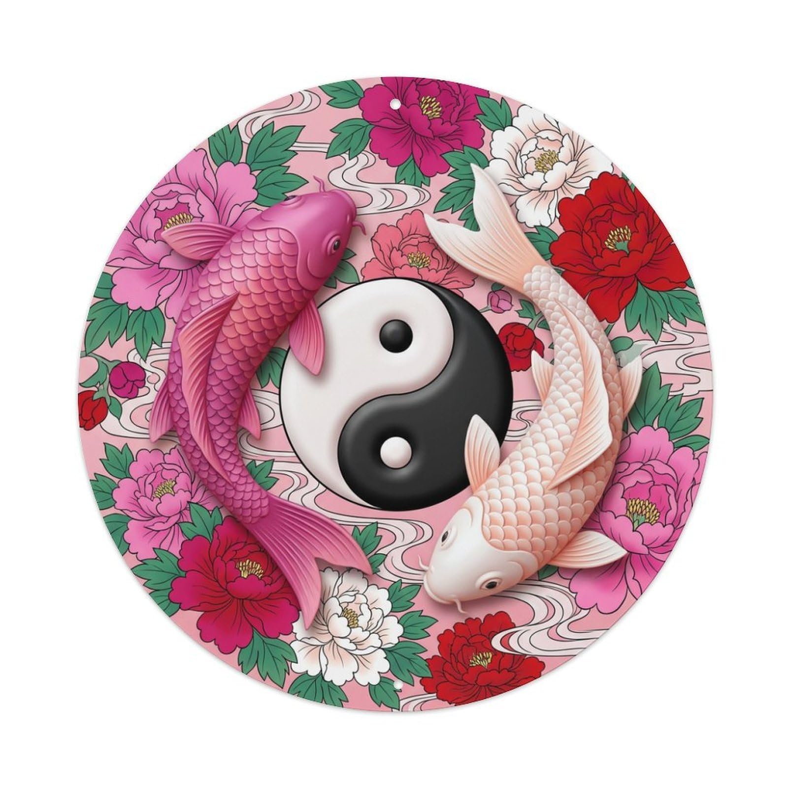 Metal Tin Sign Tai Chi Koi Fish Peony Pink Bloom